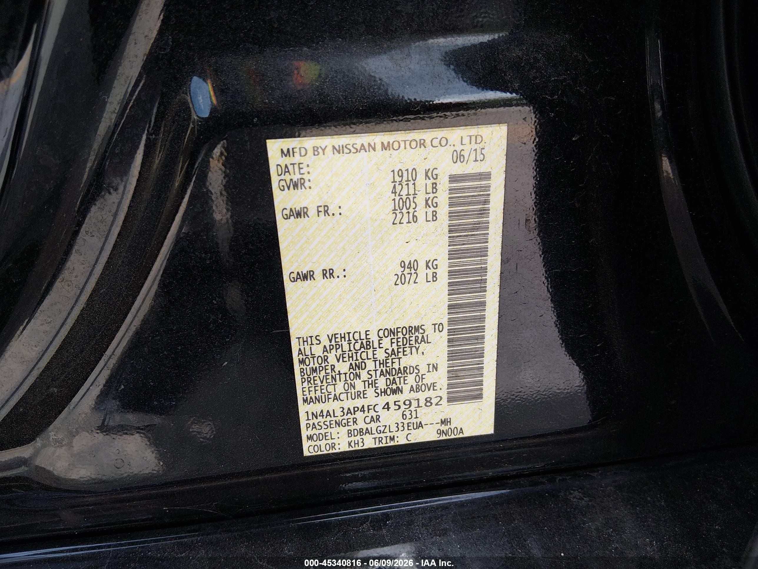 2015 Nissan Altima 2.5 S Black vin: 1N4AL3AP4FC459182