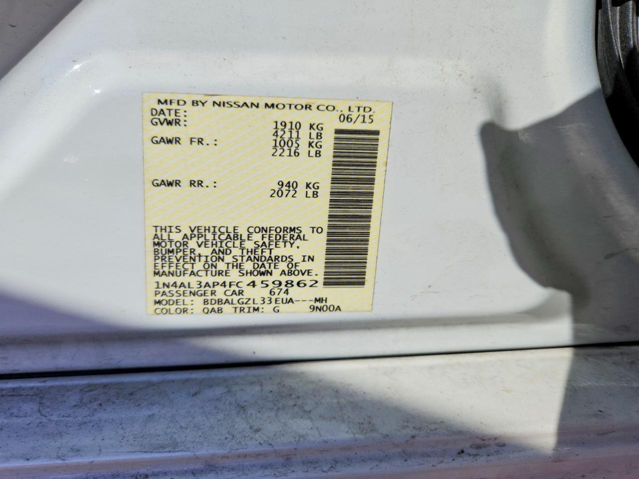 2015 Nissan Altima 2.5 S White vin: 1N4AL3AP4FC459862