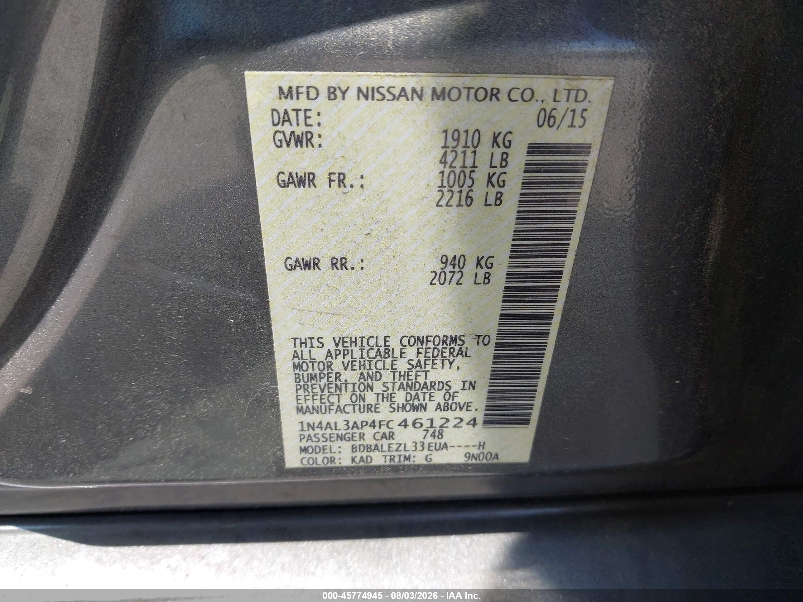 2015 Nissan Altima 2.5 S Gray vin: 1N4AL3AP4FC461224