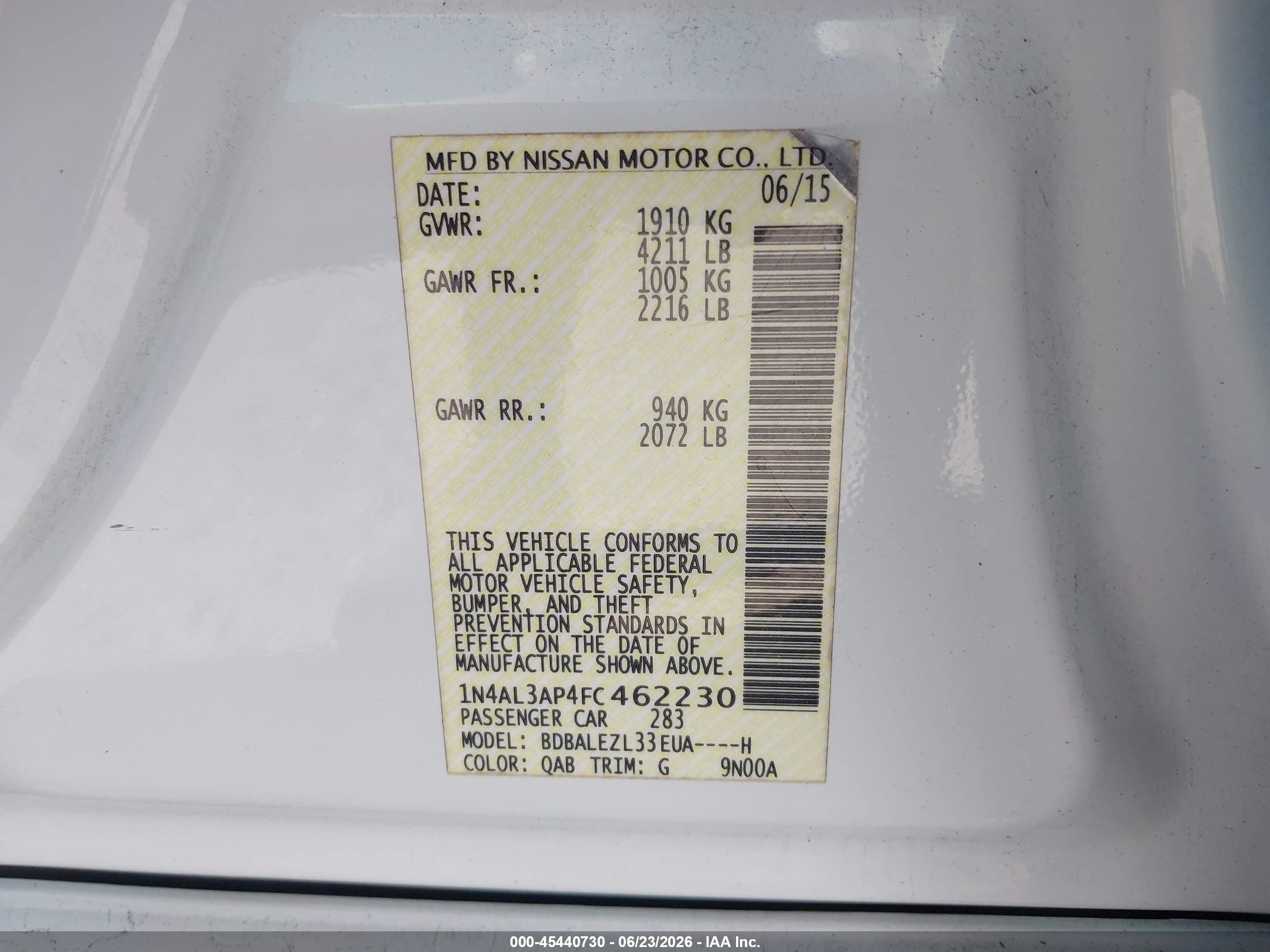 2015 Nissan Altima 2.5 S White vin: 1N4AL3AP4FC462230