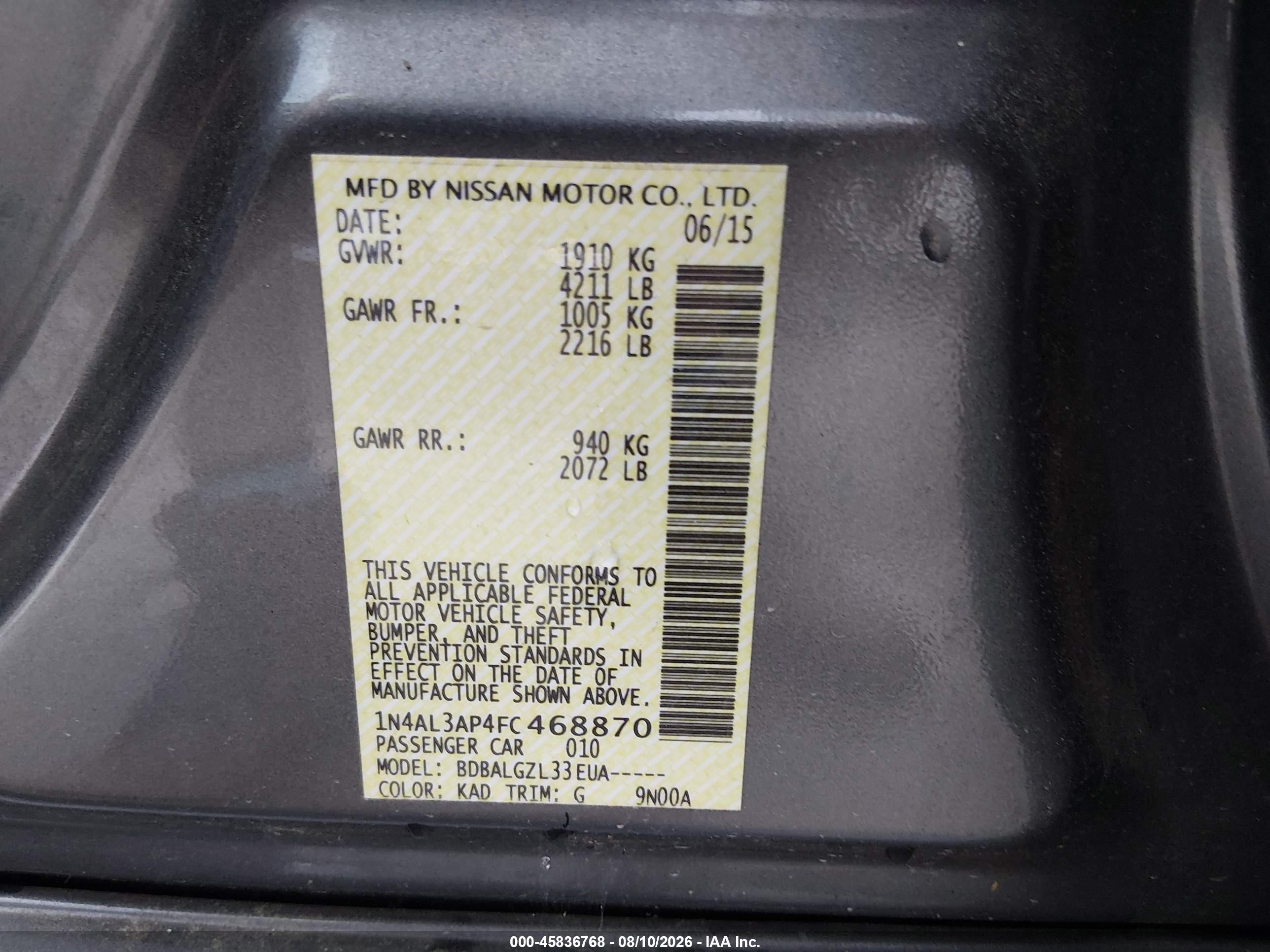2015 Nissan Altima 2.5/2.5 S/2.5 Sl/2.5 Sv Gray vin: 1N4AL3AP4FC468870