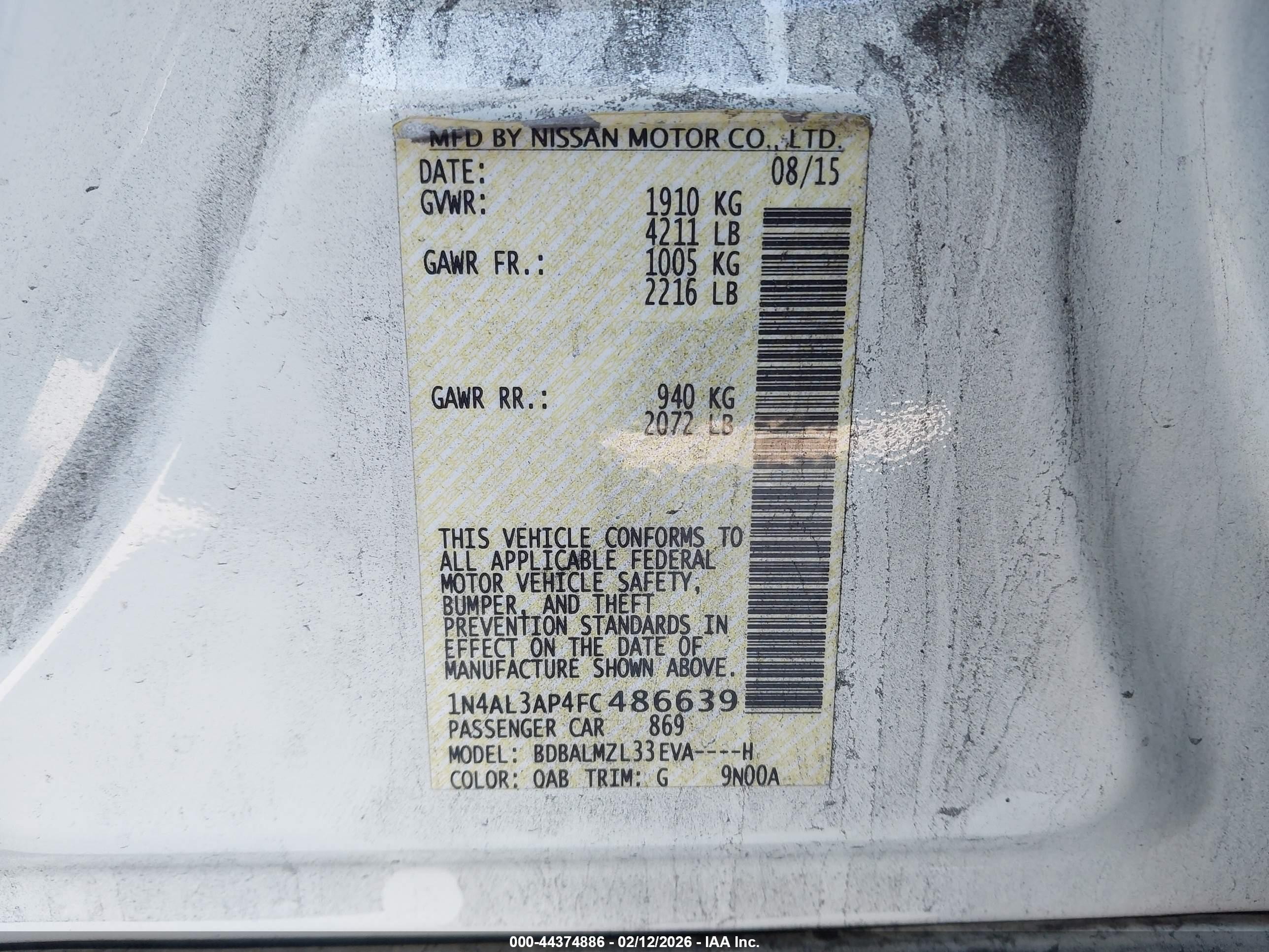 2015 Nissan Altima 2.5 Sv White vin: 1N4AL3AP4FC486639