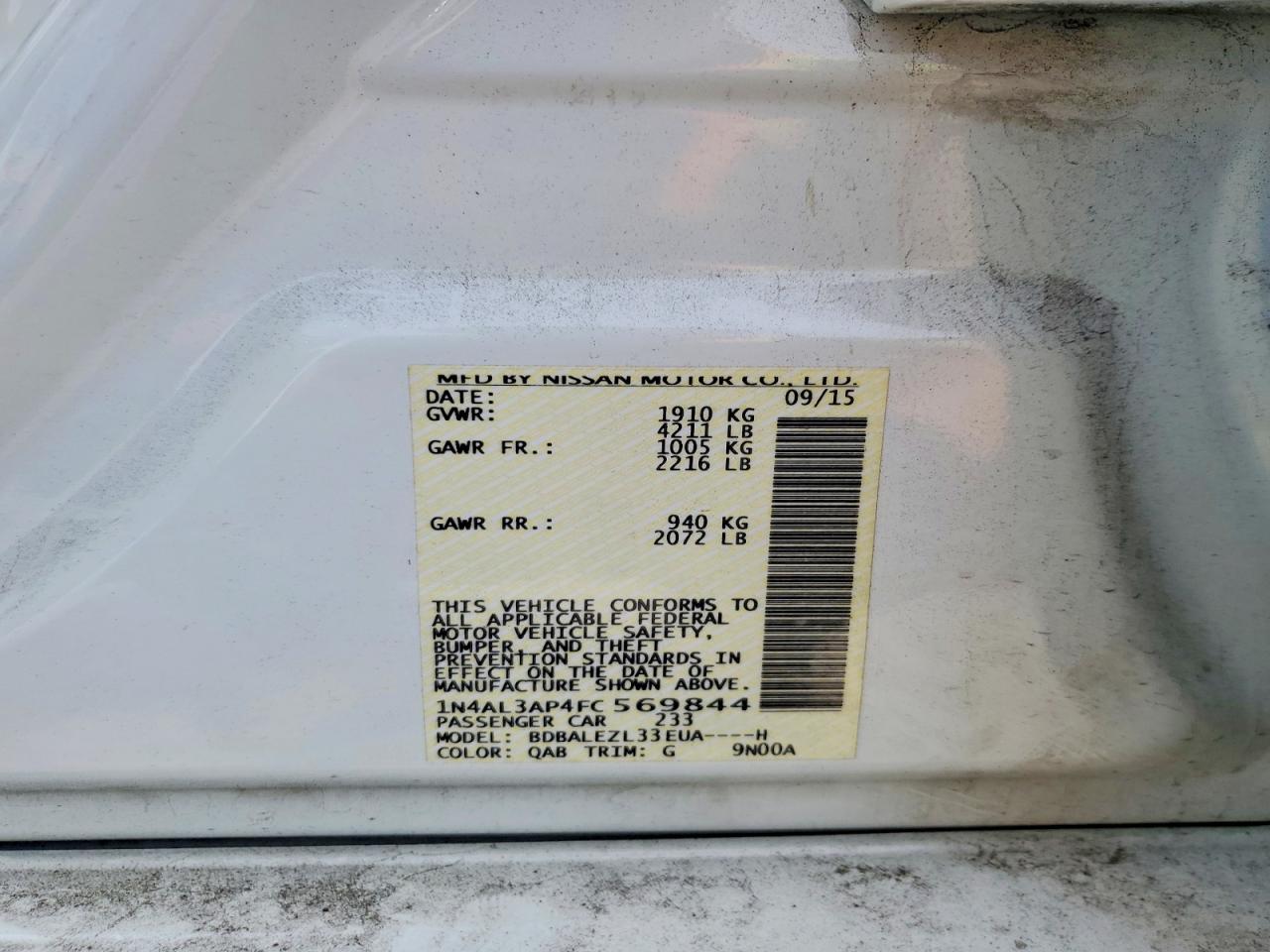 2015 Nissan Altima 2.5 S White vin: 1N4AL3AP4FC569844