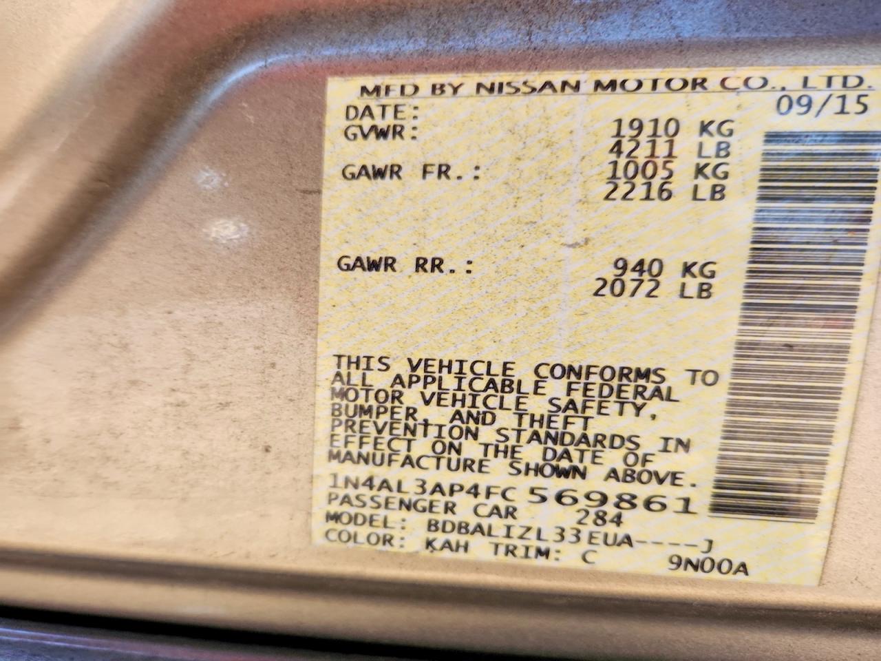 2015 Nissan Altima 2.5 Sv Золотой vin: 1N4AL3AP4FC569861