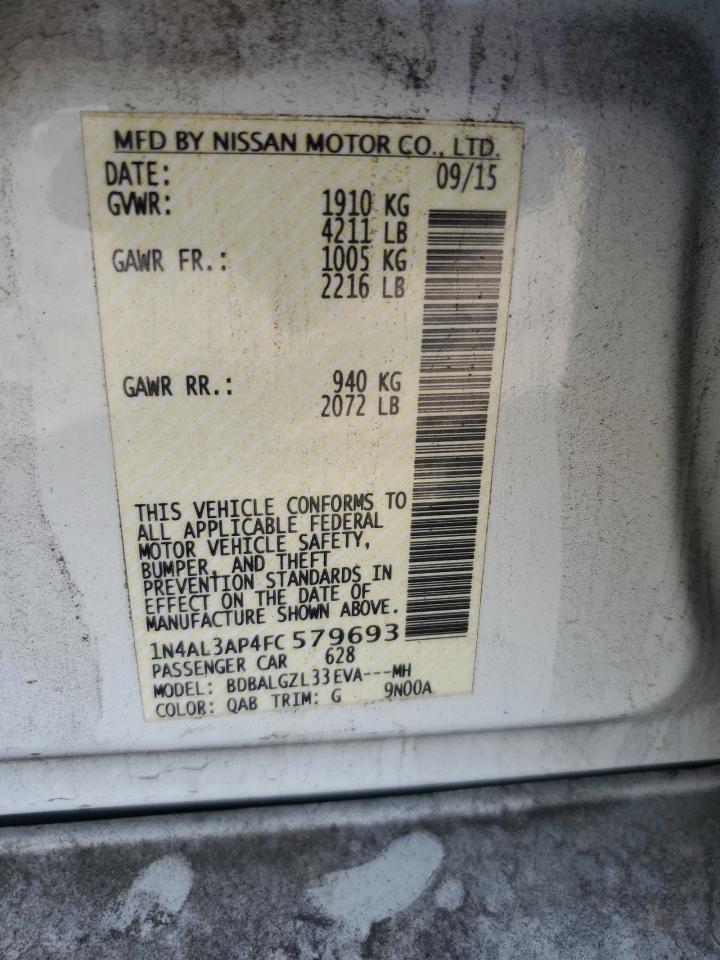 2015 Nissan Altima 2.5 White vin: 1N4AL3AP4FC579693