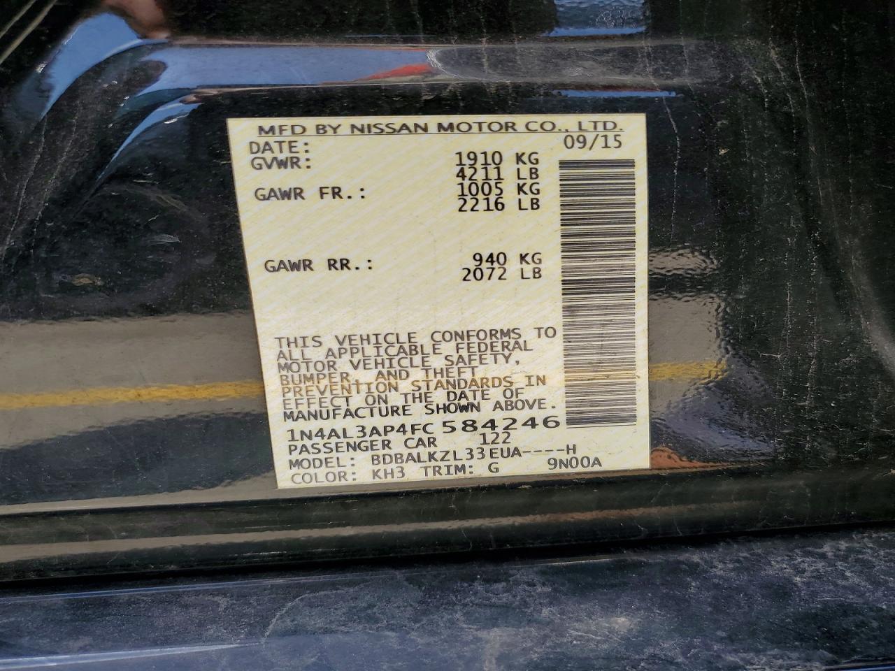 2015 Nissan Altima 2.5 Sv Black vin: 1N4AL3AP4FC584246