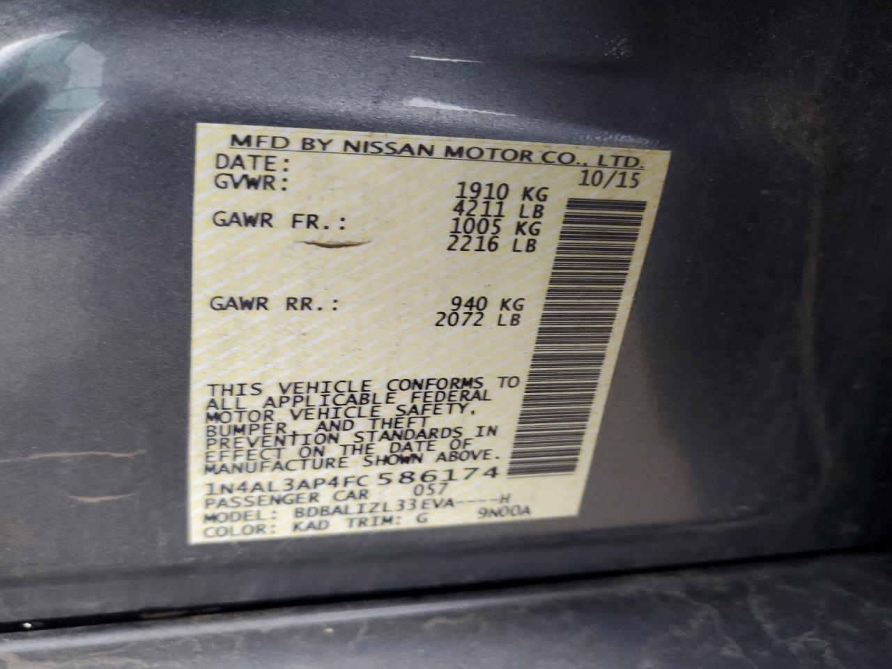 2015 Nissan Altima 2.5 Sv Gray vin: 1N4AL3AP4FC586174