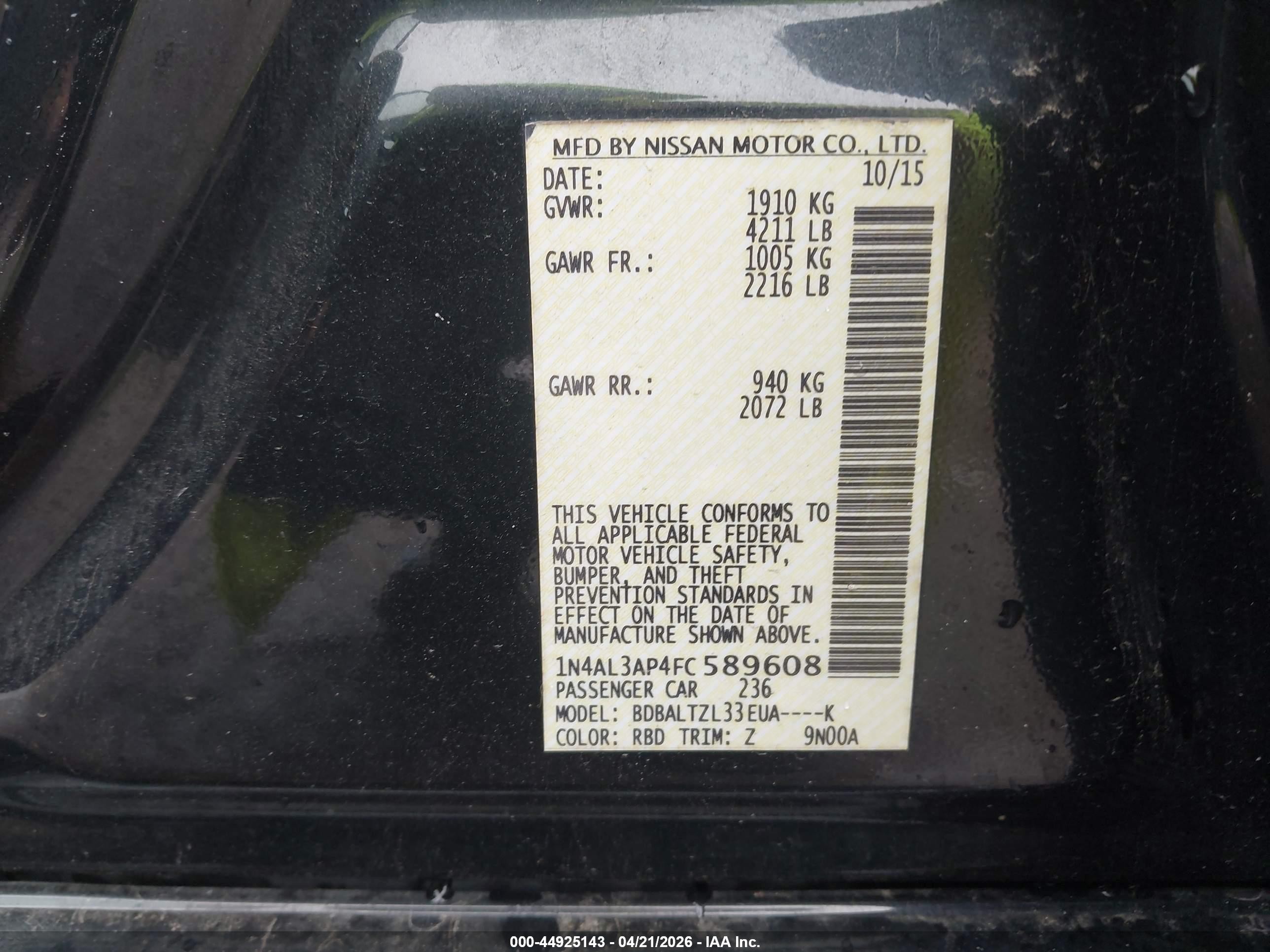 2015 Nissan Altima 2.5 Sl Blue vin: 1N4AL3AP4FC589608