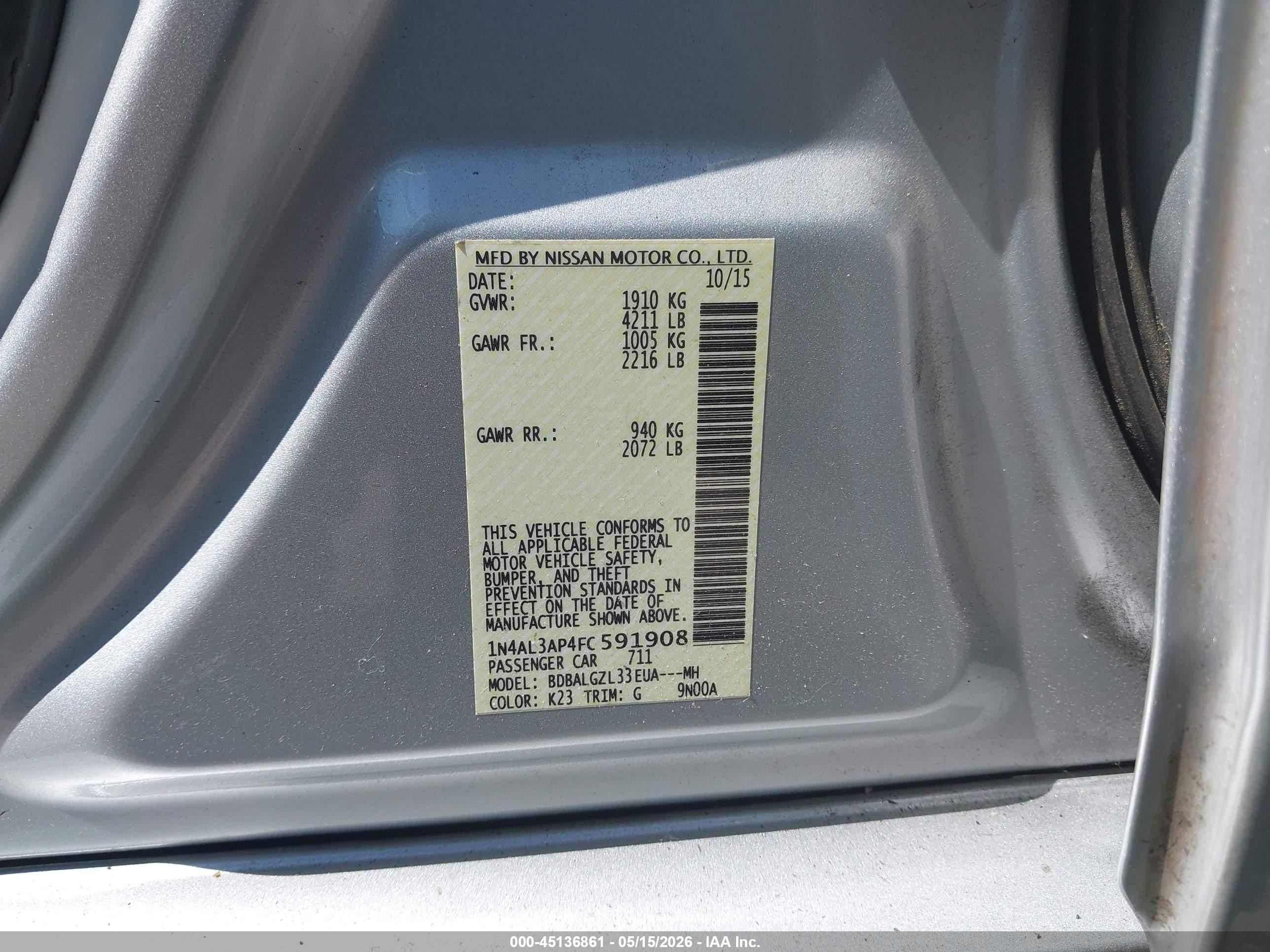 2015 Nissan Altima 2.5 S Серебряный vin: 1N4AL3AP4FC591908