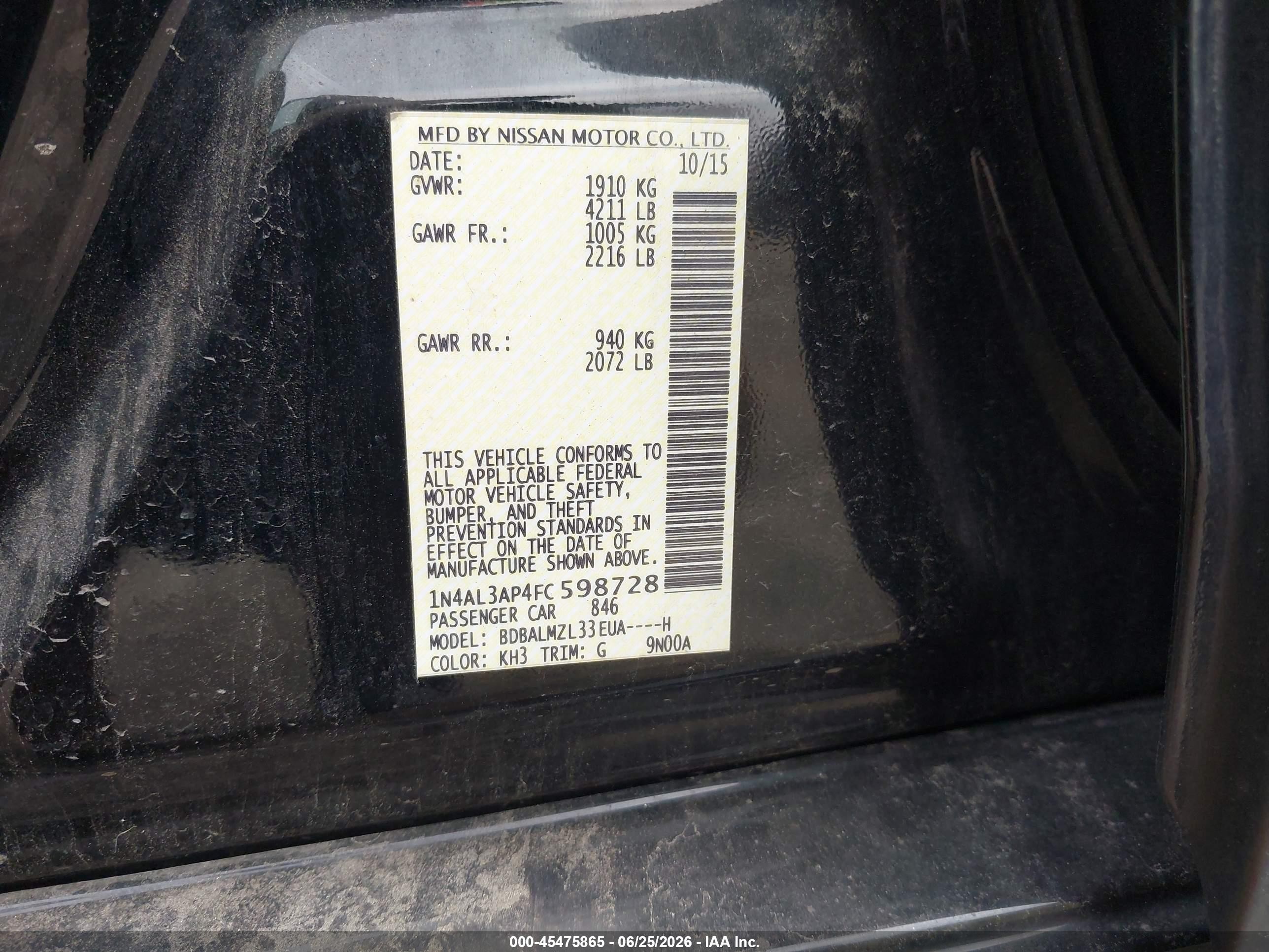 2015 Nissan Altima 2.5 Sv Black vin: 1N4AL3AP4FC598728
