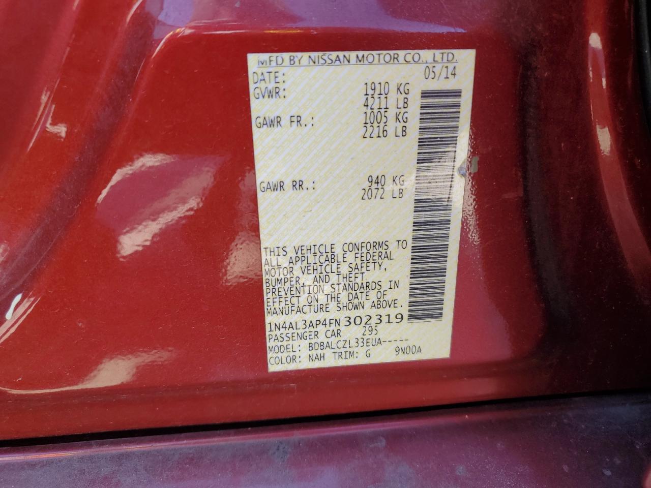 2015 Nissan Altima 2.5 Red vin: 1N4AL3AP4FN302319