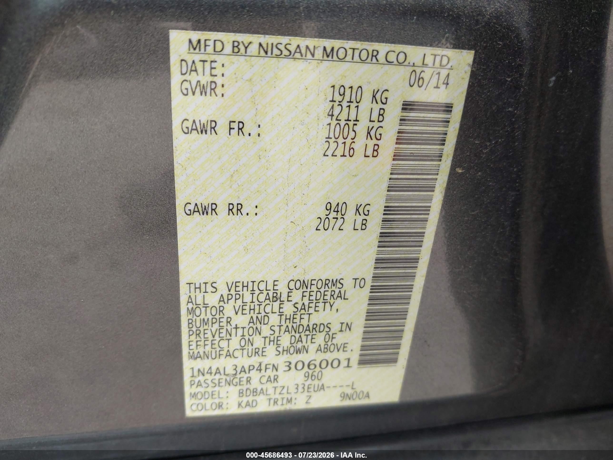 2015 Nissan Altima 2.5 Sl Gray vin: 1N4AL3AP4FN306001