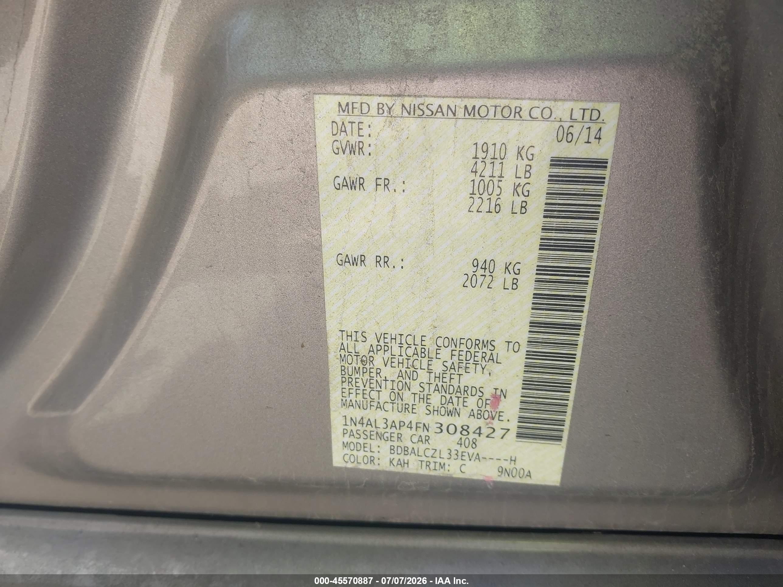 2015 Nissan Altima 2.5 S Champagne vin: 1N4AL3AP4FN308427