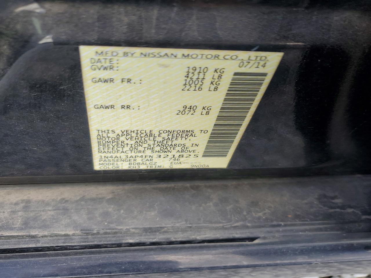 2015 Nissan Altima S Black vin: 1N4AL3AP4FN321825