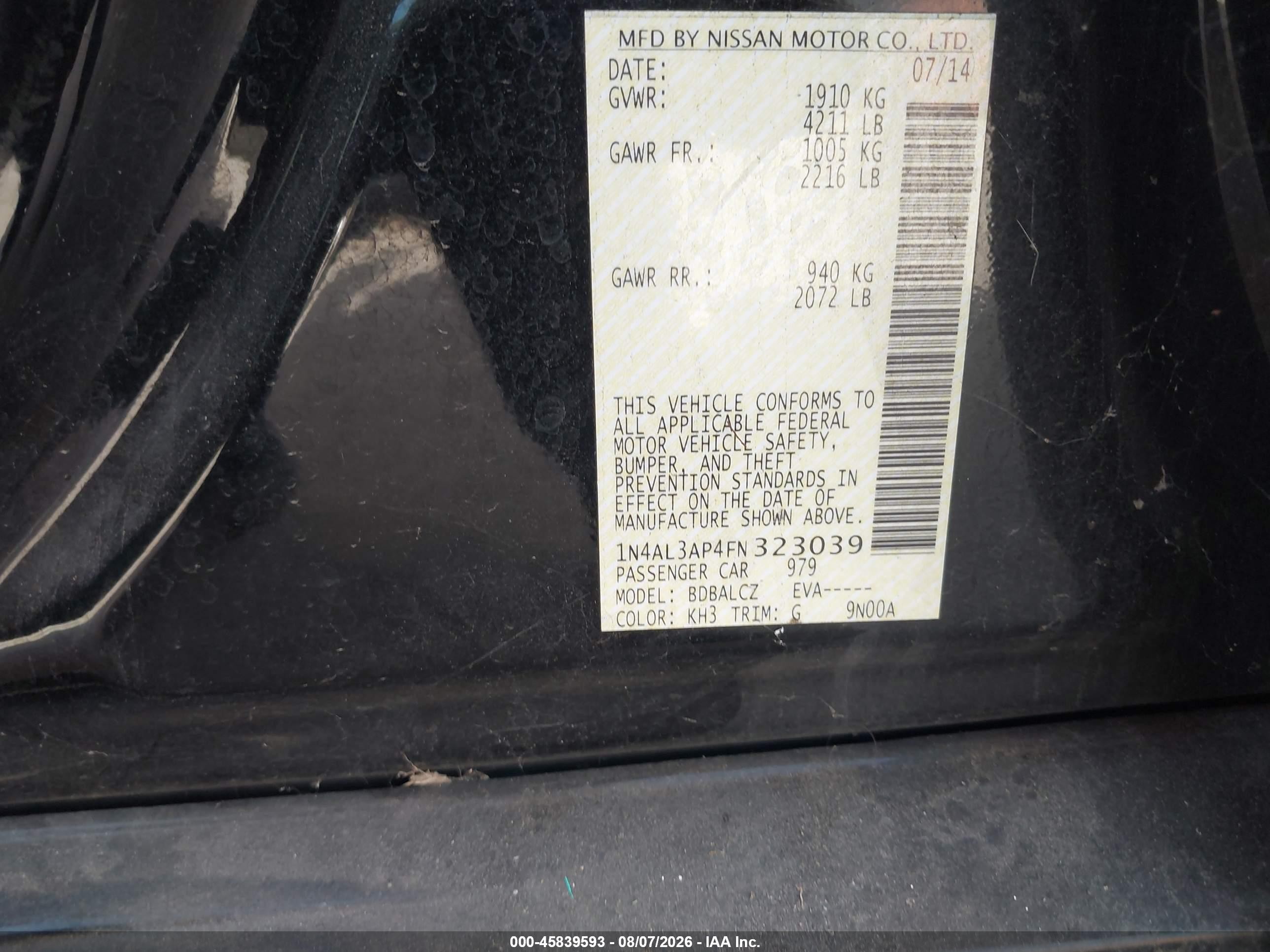 2015 Nissan Altima 2.5 S Black vin: 1N4AL3AP4FN323039