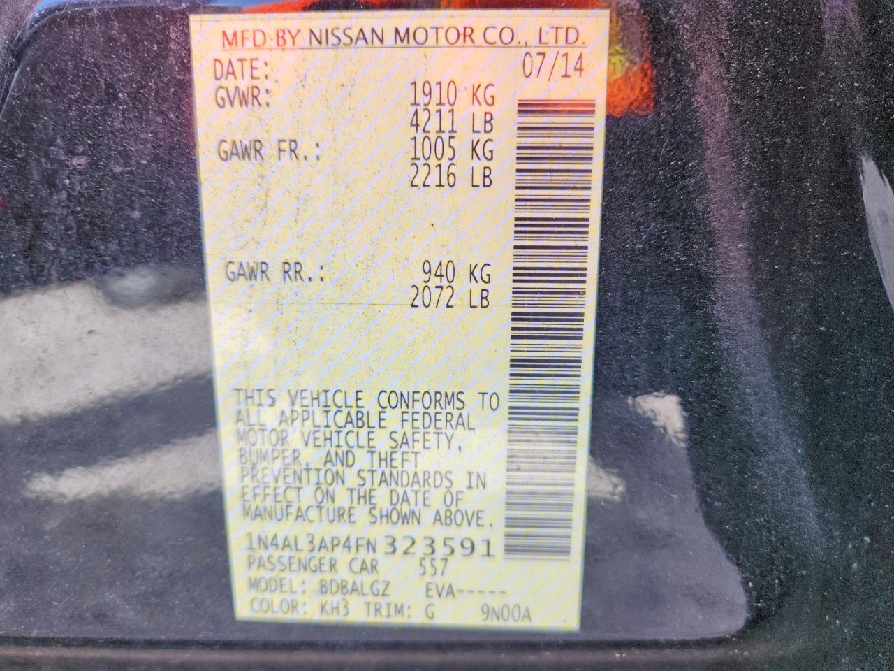 2015 Nissan Altima 2.5 S Black vin: 1N4AL3AP4FN323591