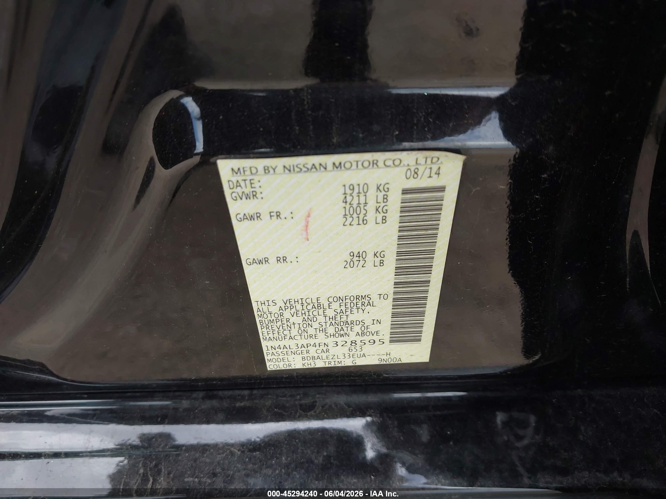 2015 Nissan Altima 2.5 S Black vin: 1N4AL3AP4FN328595