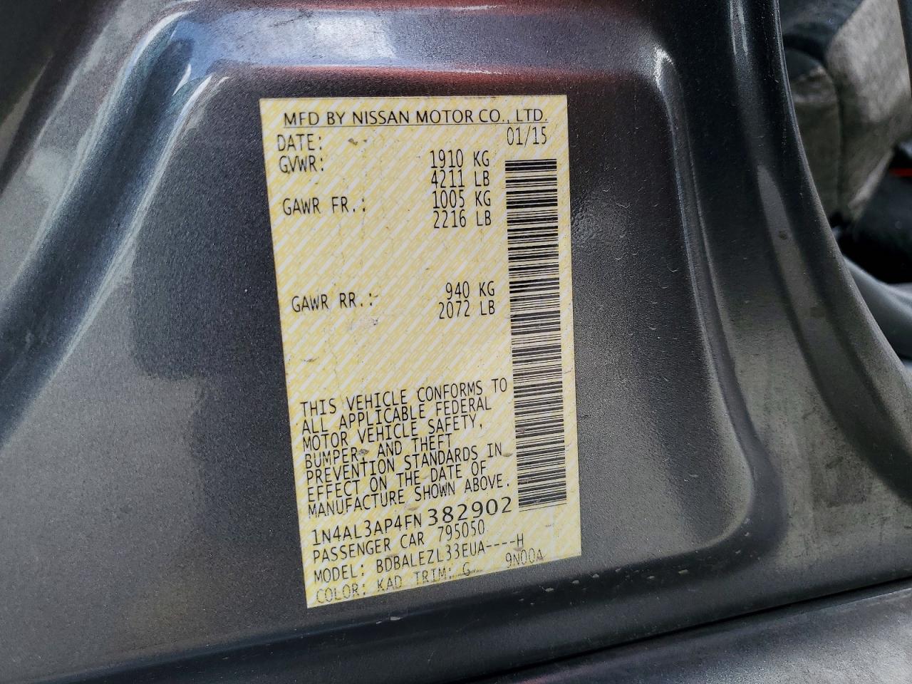 2015 Nissan Altima 2.5 S Gray vin: 1N4AL3AP4FN382902