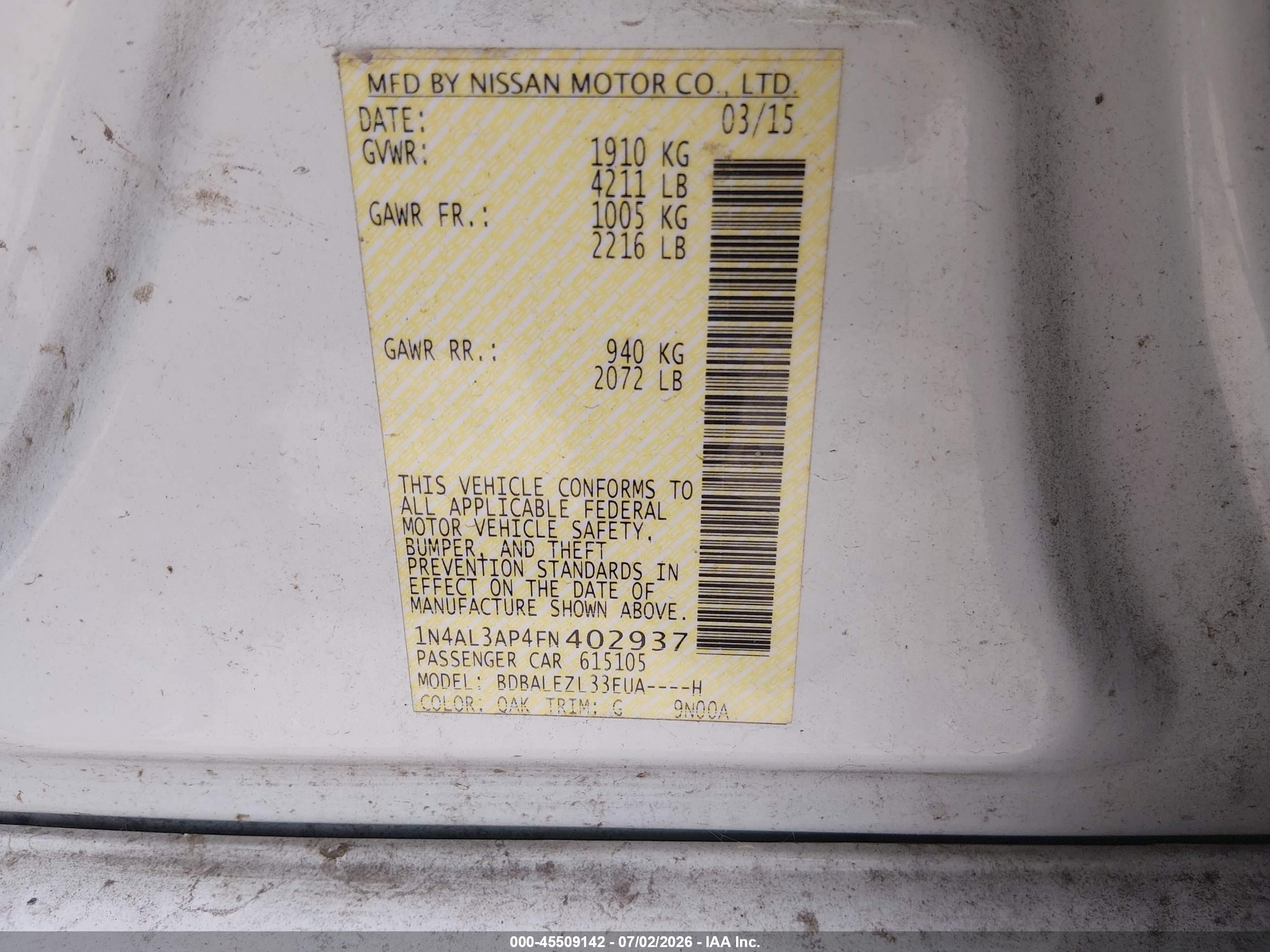 2015 Nissan Altima 2.5 S White vin: 1N4AL3AP4FN402937