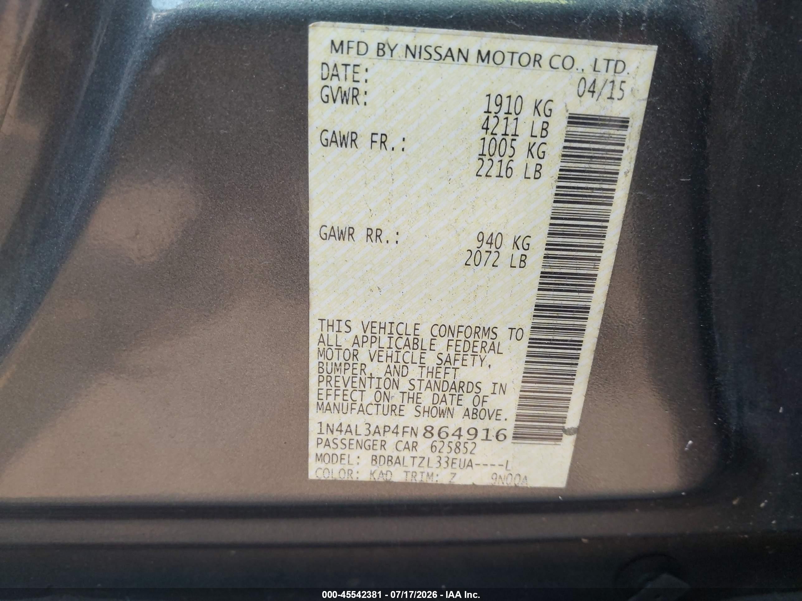 2015 Nissan Altima 2.5 Sl Gray vin: 1N4AL3AP4FN864916