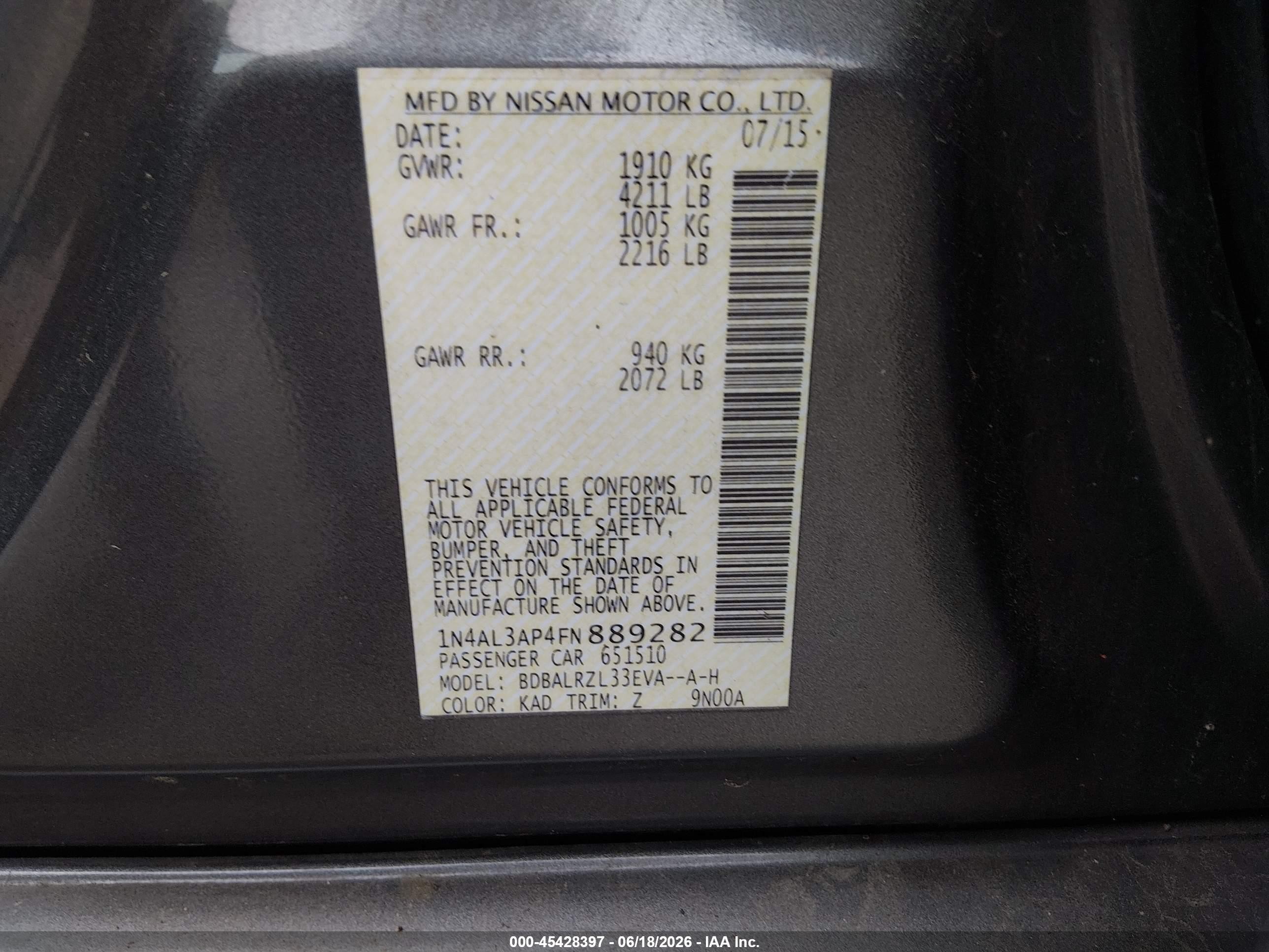 2015 Nissan Altima 2.5 Sl Gray vin: 1N4AL3AP4FN889282