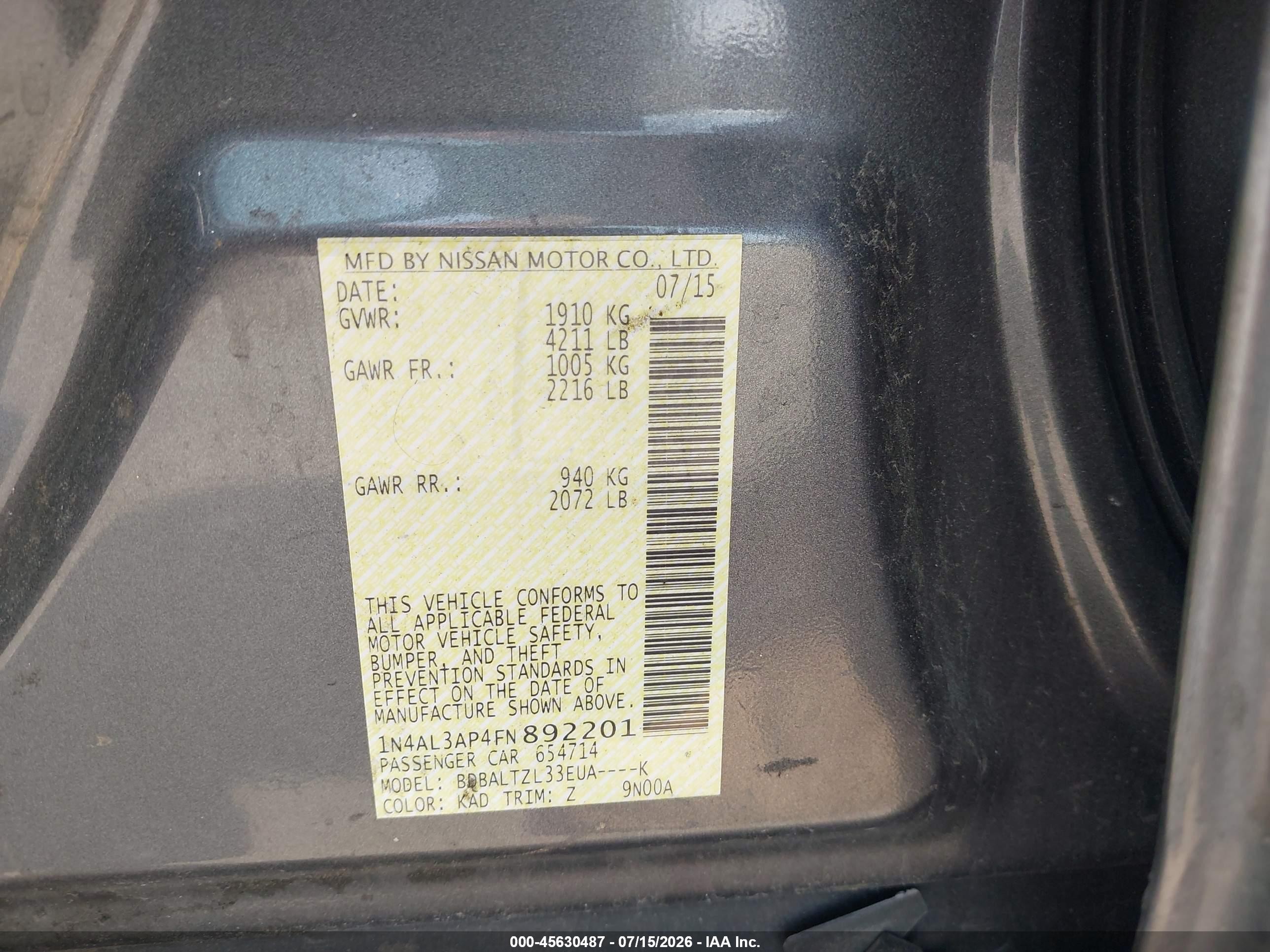 2015 Nissan Altima 2.5 Sl Серый vin: 1N4AL3AP4FN892201