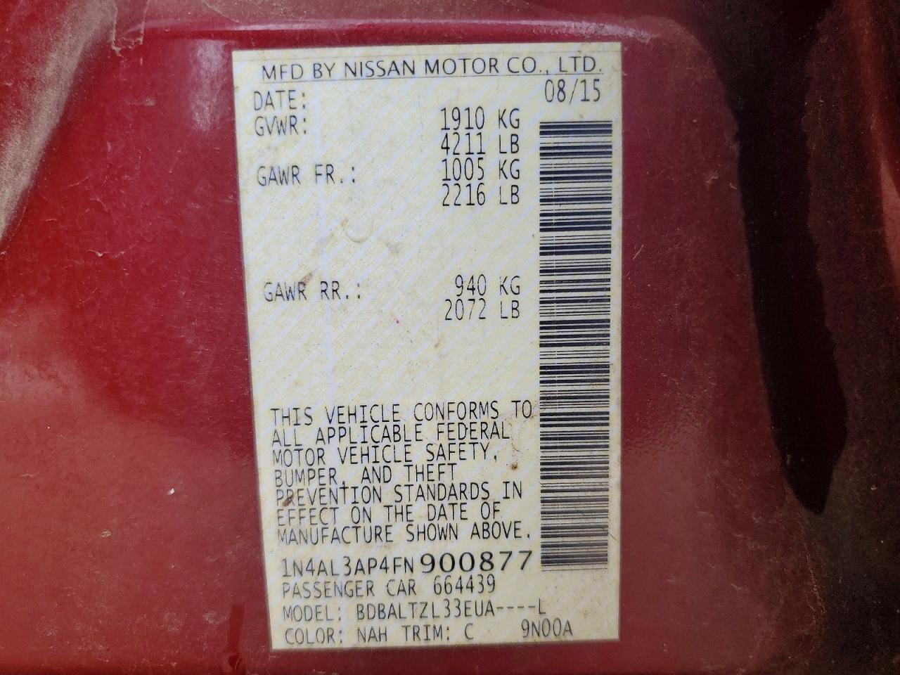 2015 Nissan Altima 2.5 Sl Red vin: 1N4AL3AP4FN900877