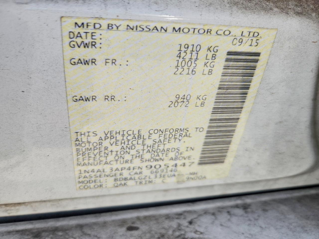 2015 Nissan Altima 2.5 S Белый vin: 1N4AL3AP4FN905447