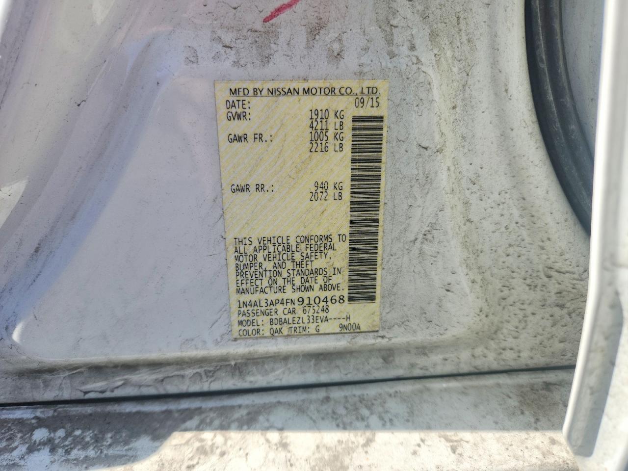 2015 Nissan Altima Белый vin: 1N4AL3AP4FN910468