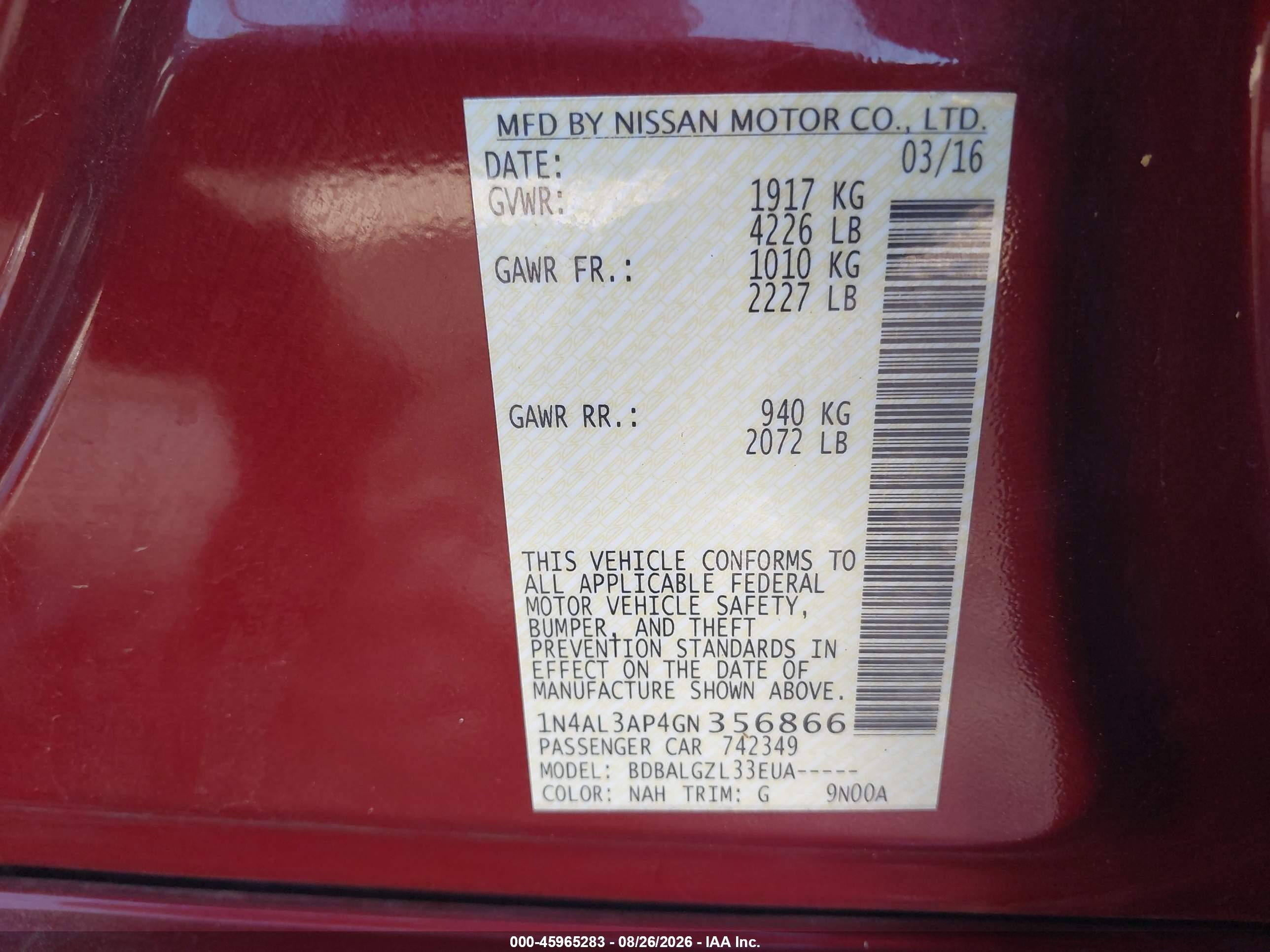 2016 Nissan Altima 2.5 S Red vin: 1N4AL3AP4GN356866