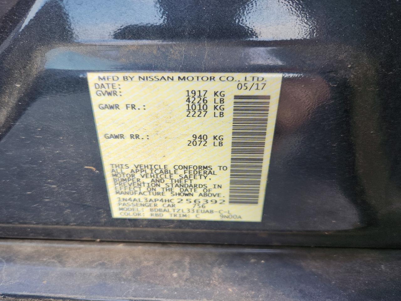 2017 Nissan Altima 2.5 Sl Black vin: 1N4AL3AP4HC256392