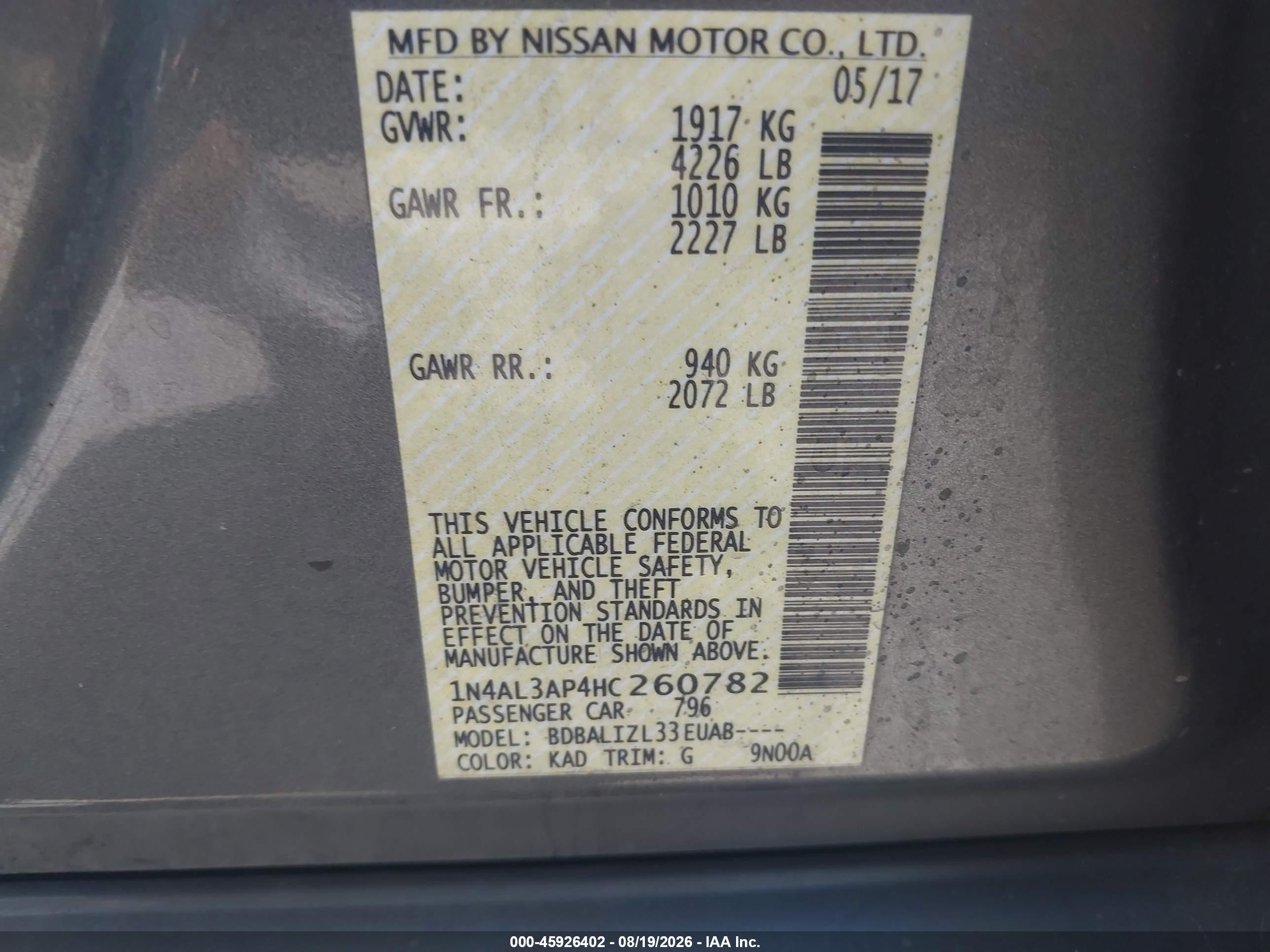 2017 Nissan Altima 2.5 Sv Gray vin: 1N4AL3AP4HC260782