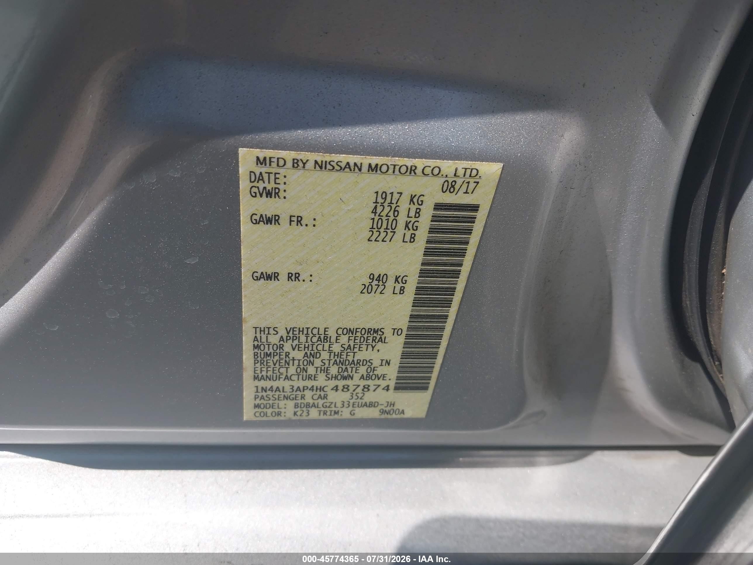 2017 Nissan Altima 2.5 S Silver vin: 1N4AL3AP4HC487874