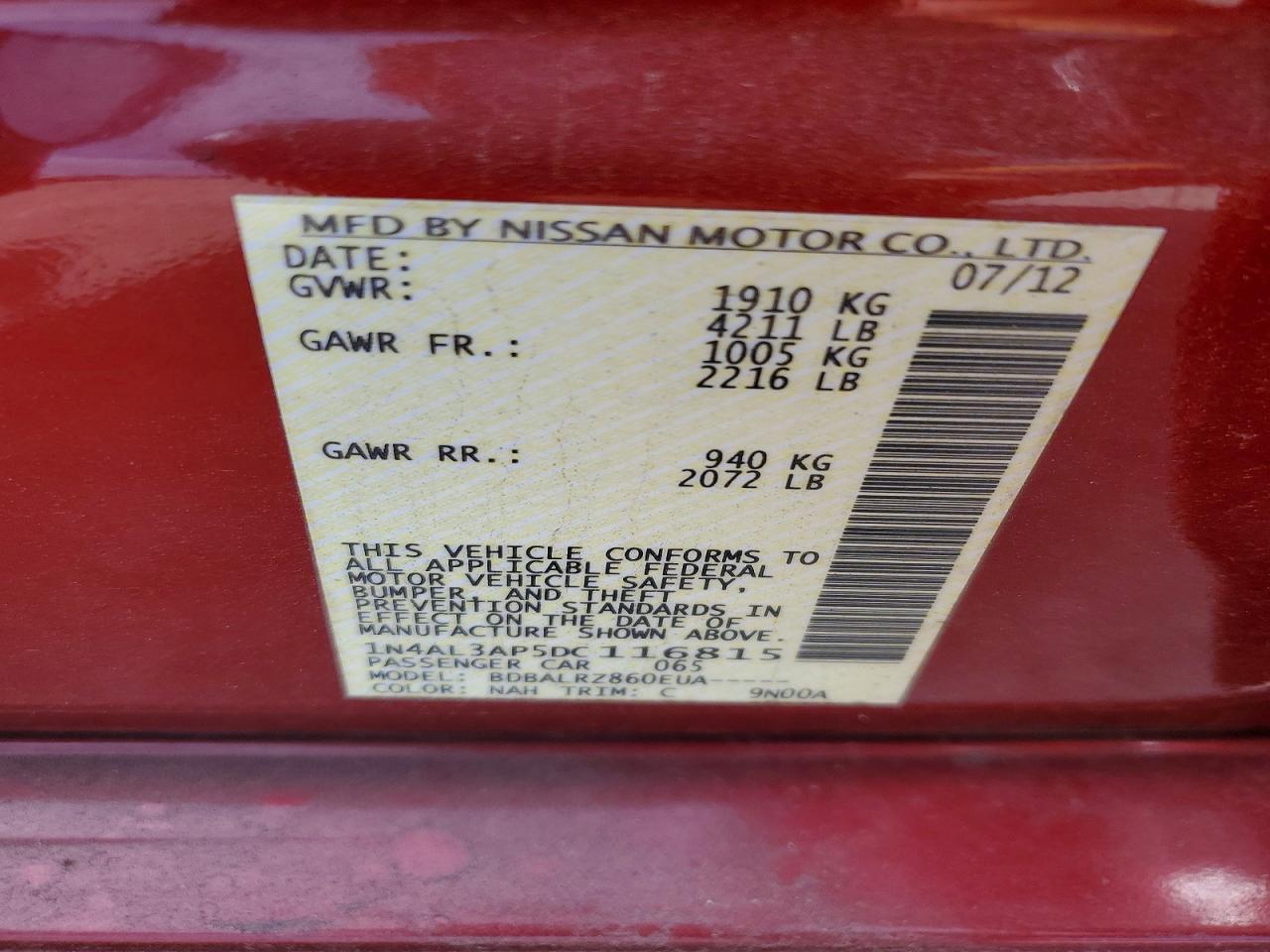 2013 Nissan Altima 2.5 Бордовый vin: 1N4AL3AP5DC116815