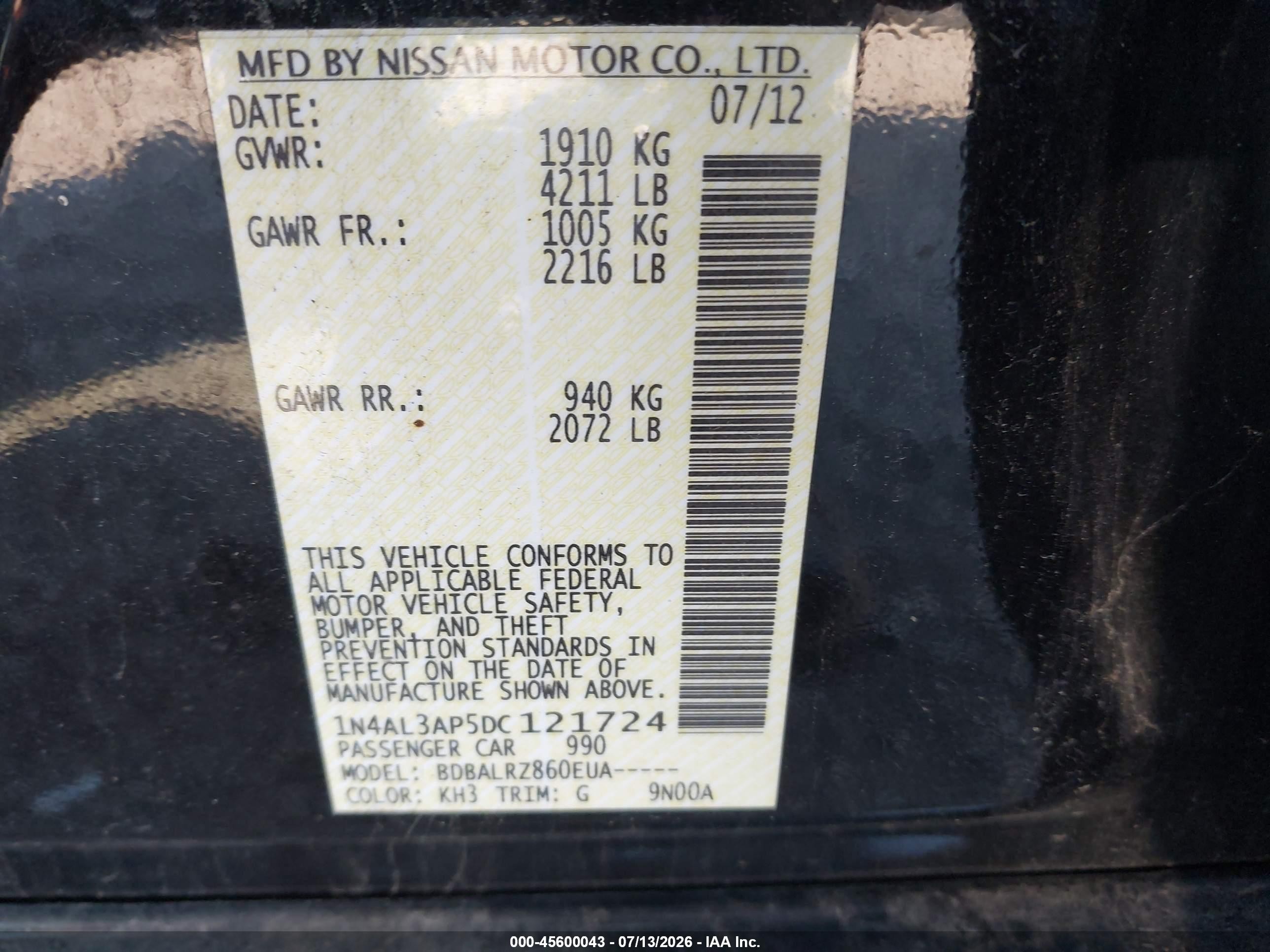 2013 Nissan Altima 2.5 S Black vin: 1N4AL3AP5DC121724