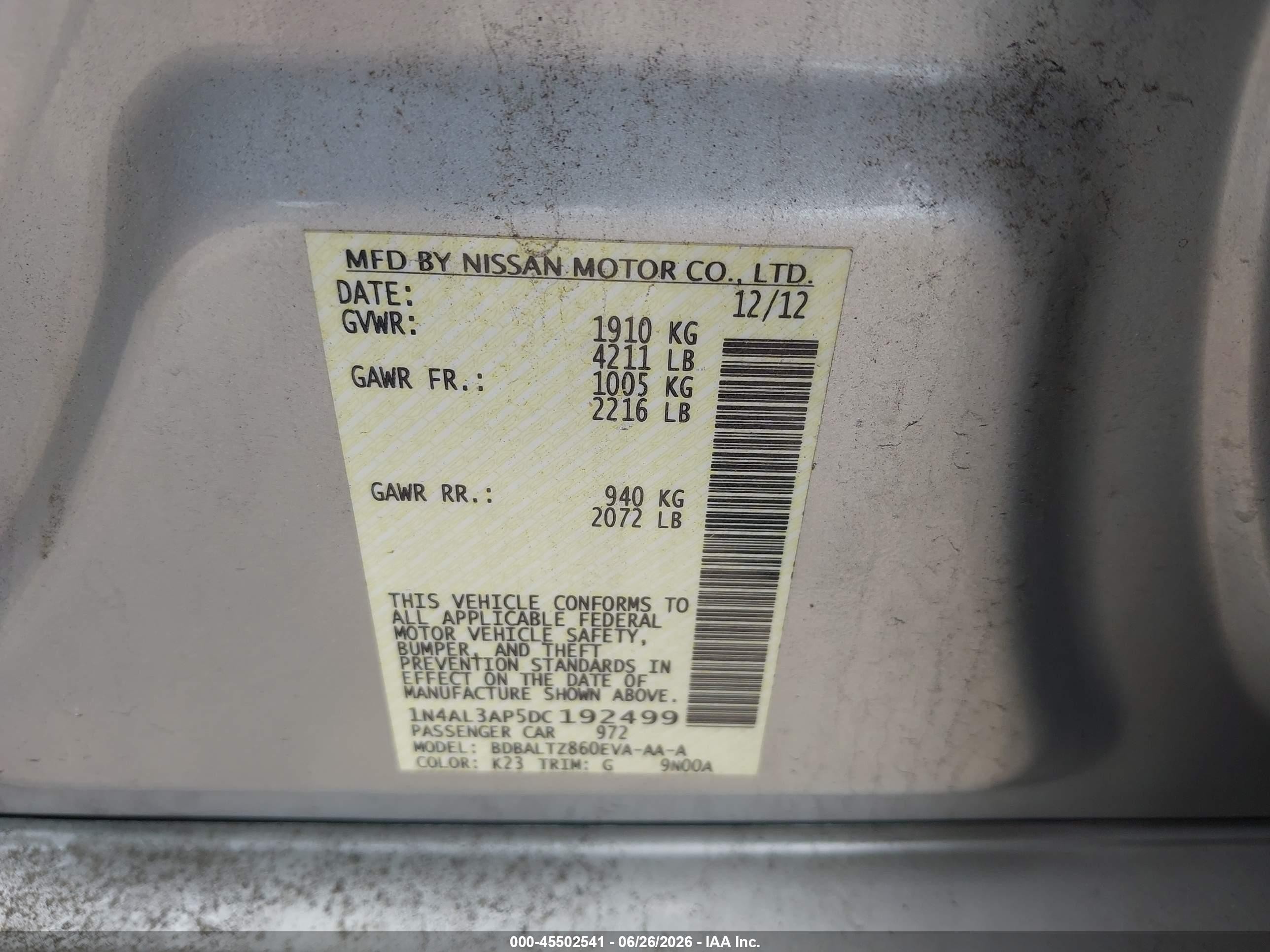 2013 Nissan Altima 2.5 Sv Silver vin: 1N4AL3AP5DC192499