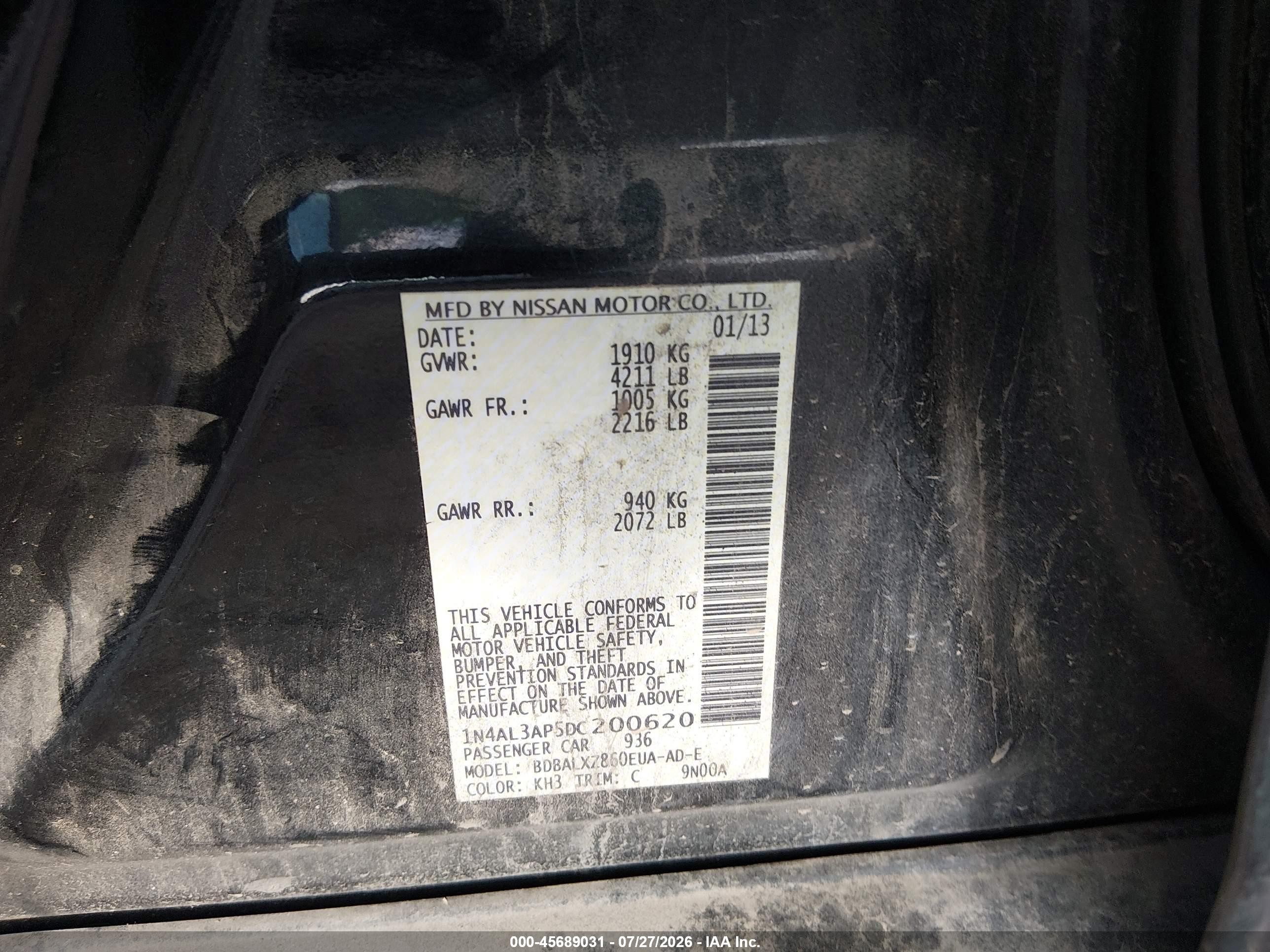 2013 Nissan Altima 2.5 Sl Черный vin: 1N4AL3AP5DC200620