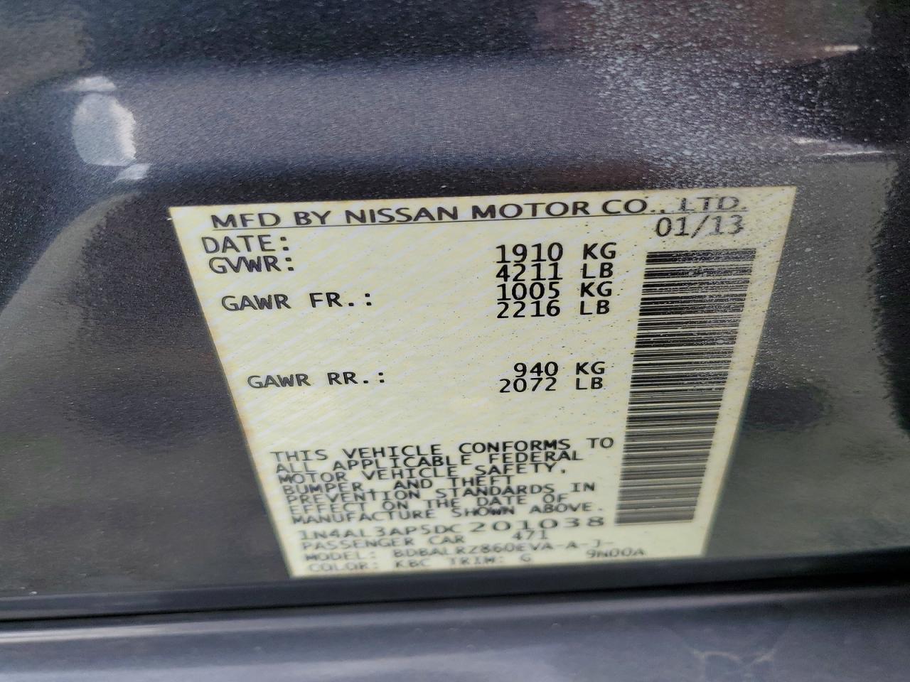 2013 Nissan Altima 2.5 Charcoal vin: 1N4AL3AP5DC201038