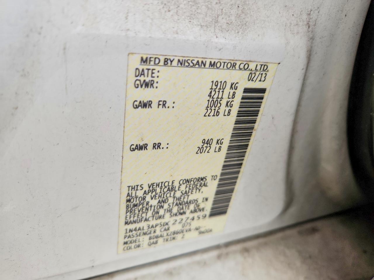 2013 Nissan Altima 2.5 White vin: 1N4AL3AP5DC227459