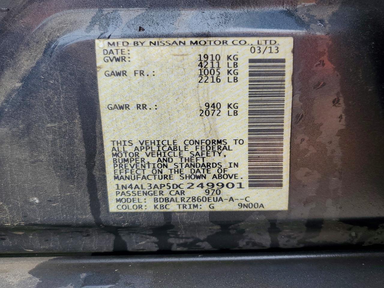 2013 Nissan Altima 2.5 Charcoal vin: 1N4AL3AP5DC249901