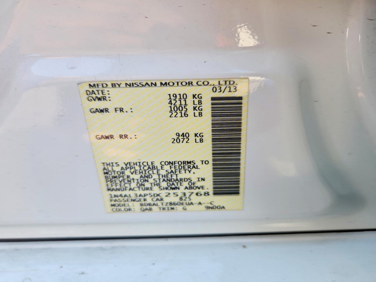 2013 Nissan Altima 2.5 White vin: 1N4AL3AP5DC253768