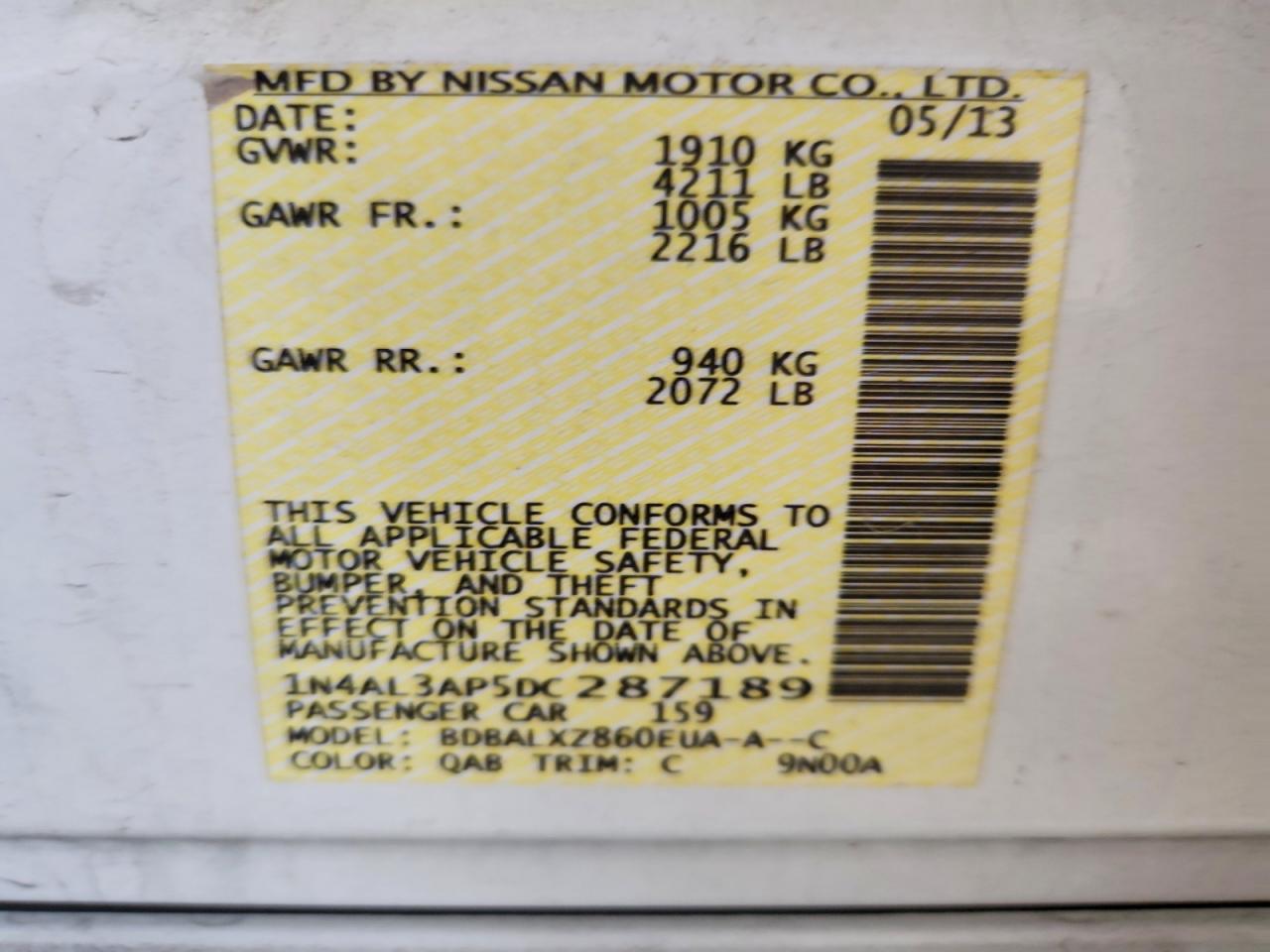 2013 Nissan Altima 2.5/s/sv/sl White vin: 1N4AL3AP5DC287189