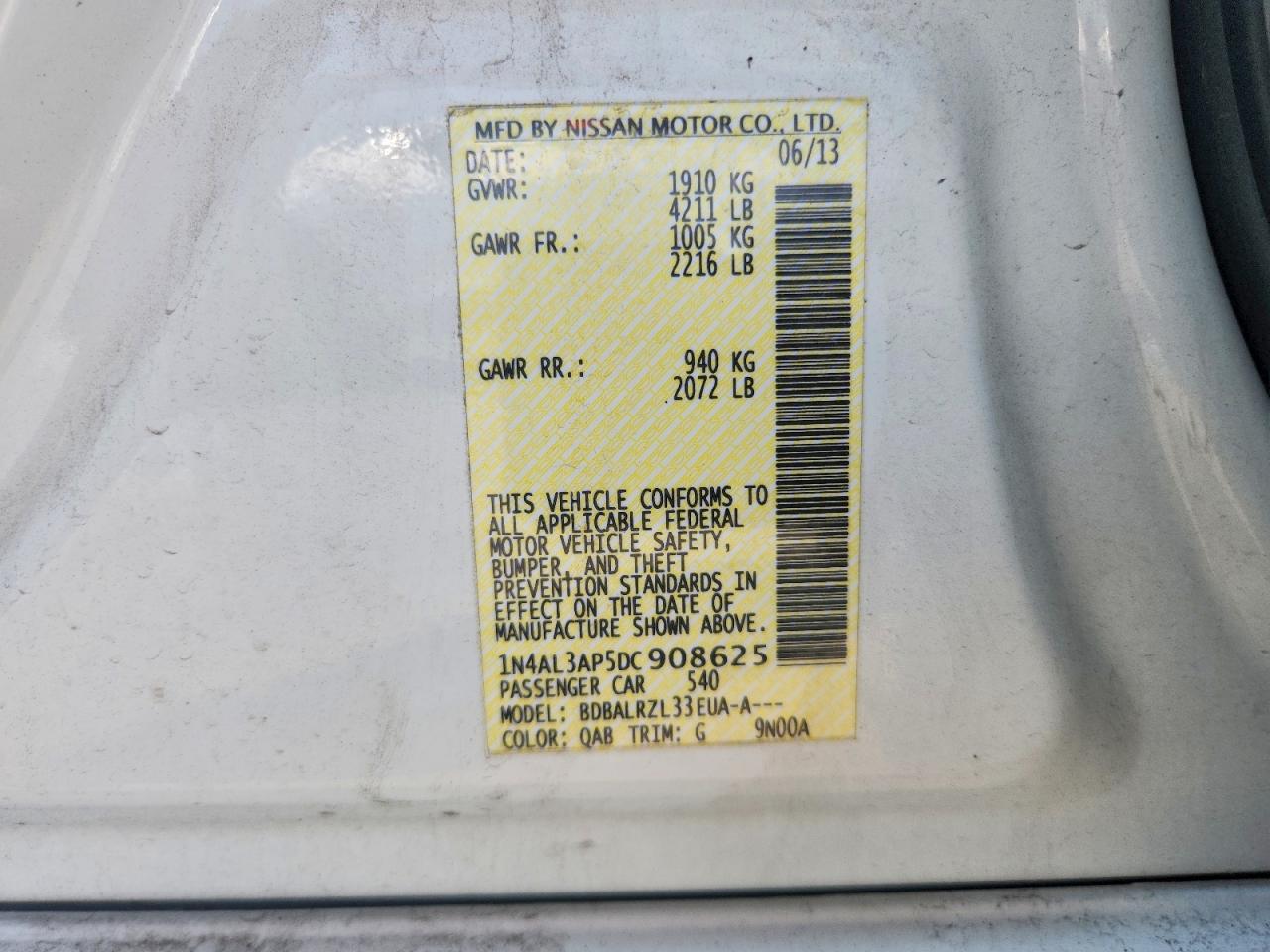 2013 Nissan Altima 2.5 White vin: 1N4AL3AP5DC908625