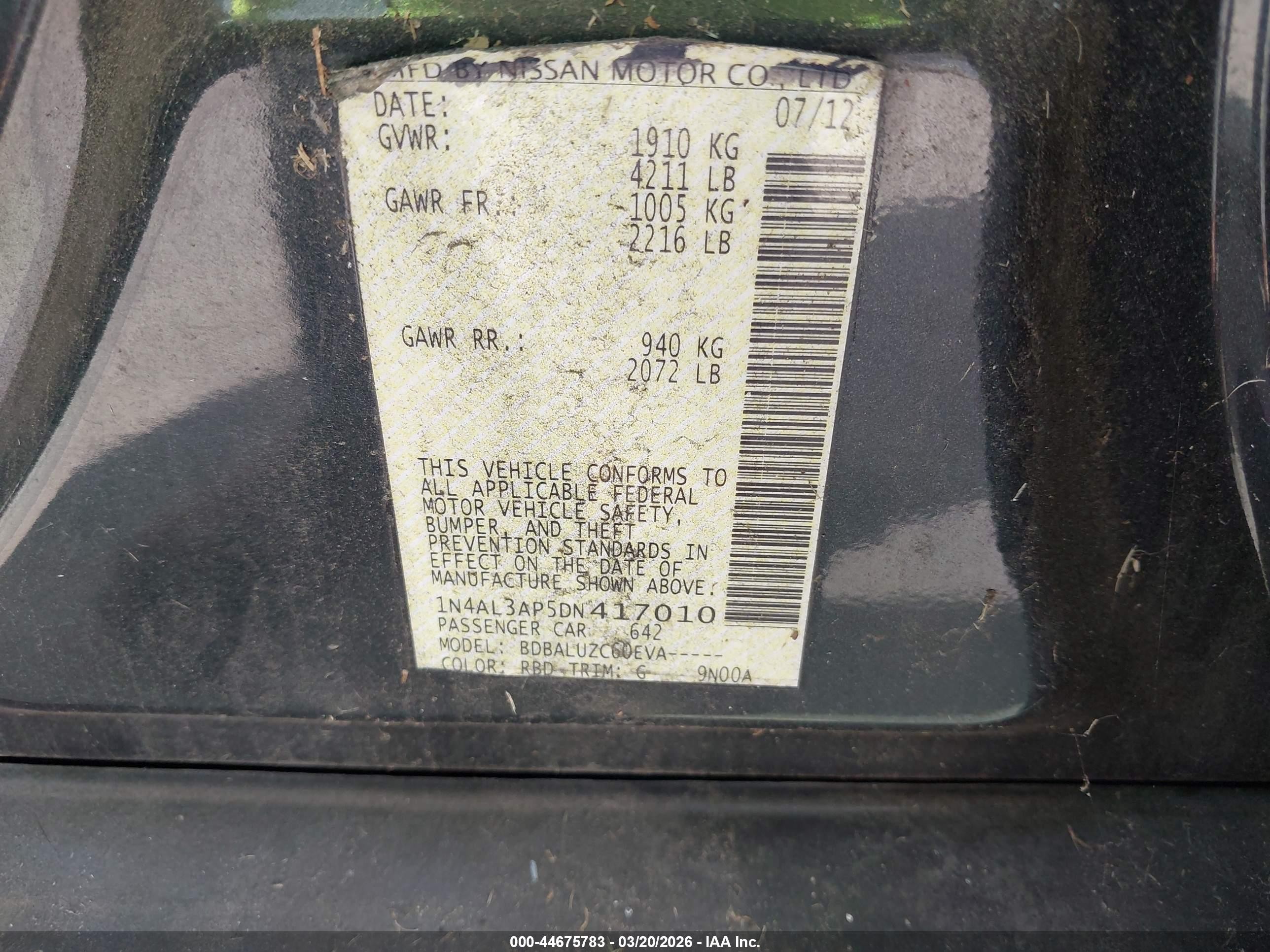 2013 Nissan Altima 2.5 Sv Black vin: 1N4AL3AP5DN417010