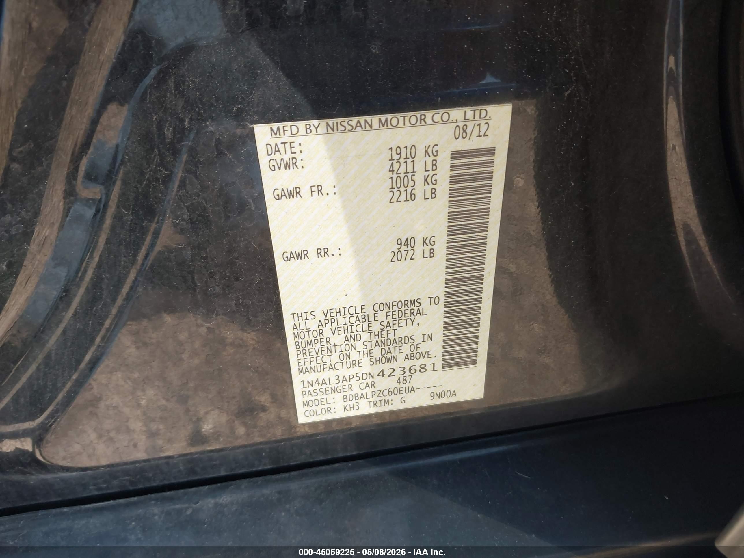 2013 Nissan Altima 2.5 Black vin: 1N4AL3AP5DN423681