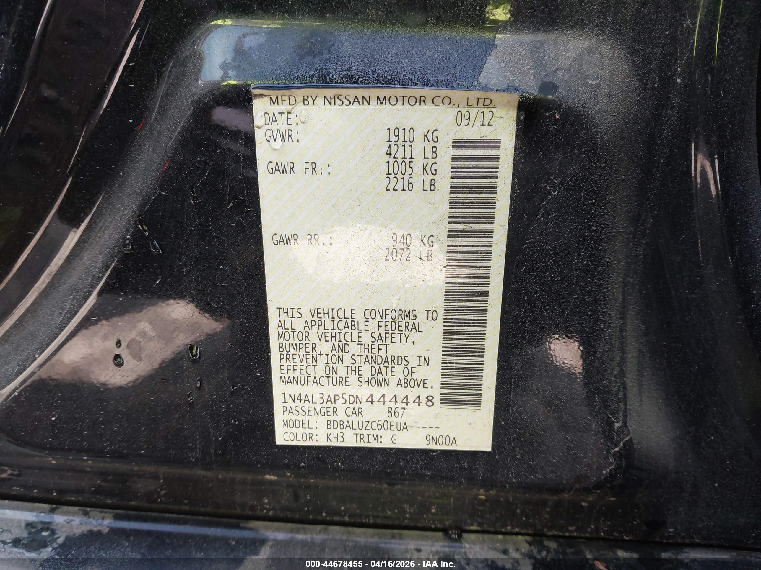 2013 Nissan Altima 2.5 Sv Black vin: 1N4AL3AP5DN444448