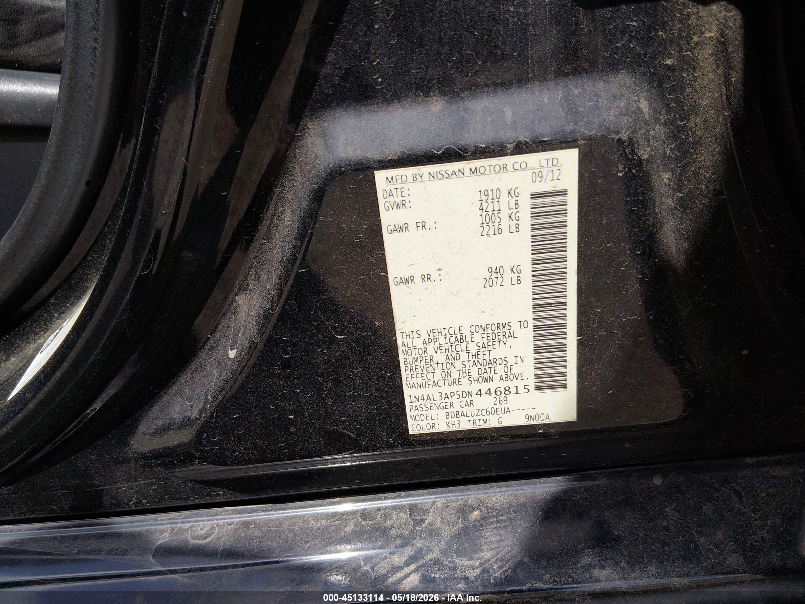 2013 Nissan Altima 2.5 Sv Black vin: 1N4AL3AP5DN446815