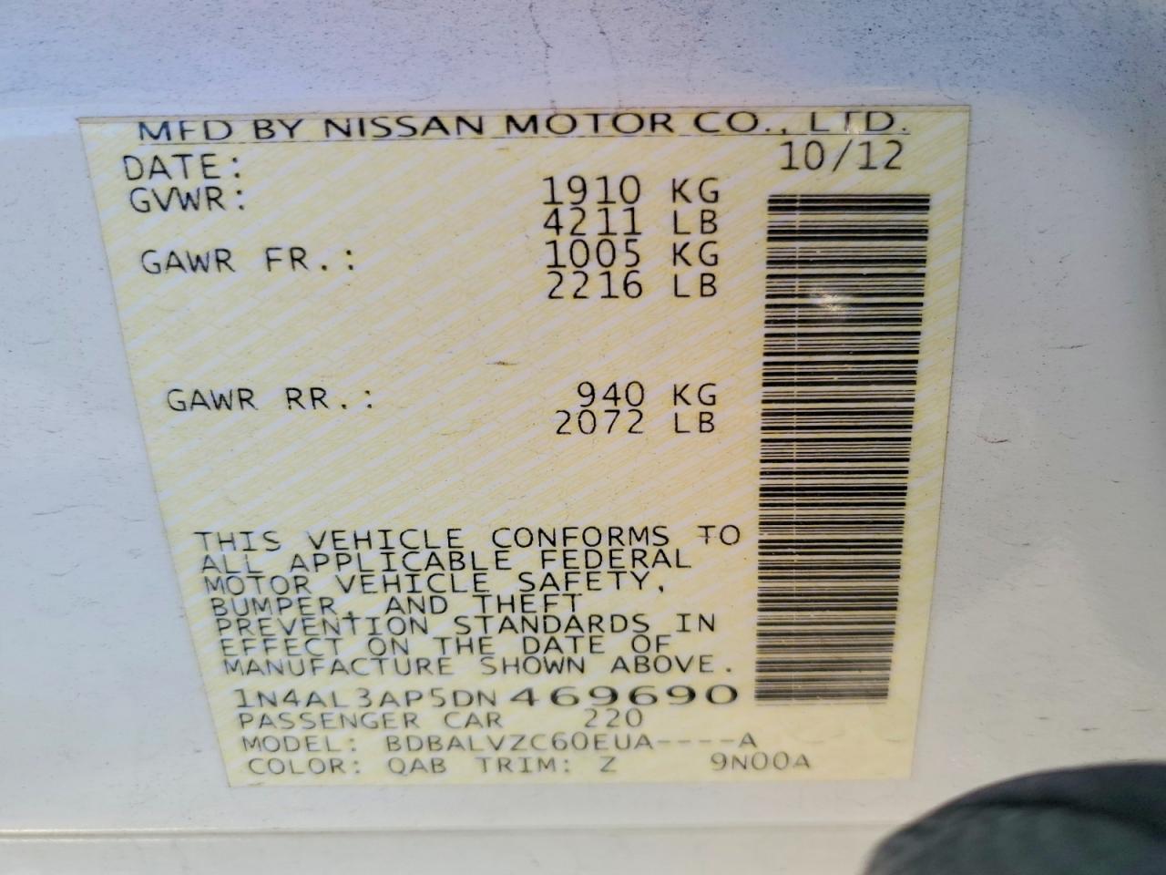 2013 Nissan Altima 2.5 White vin: 1N4AL3AP5DN469690