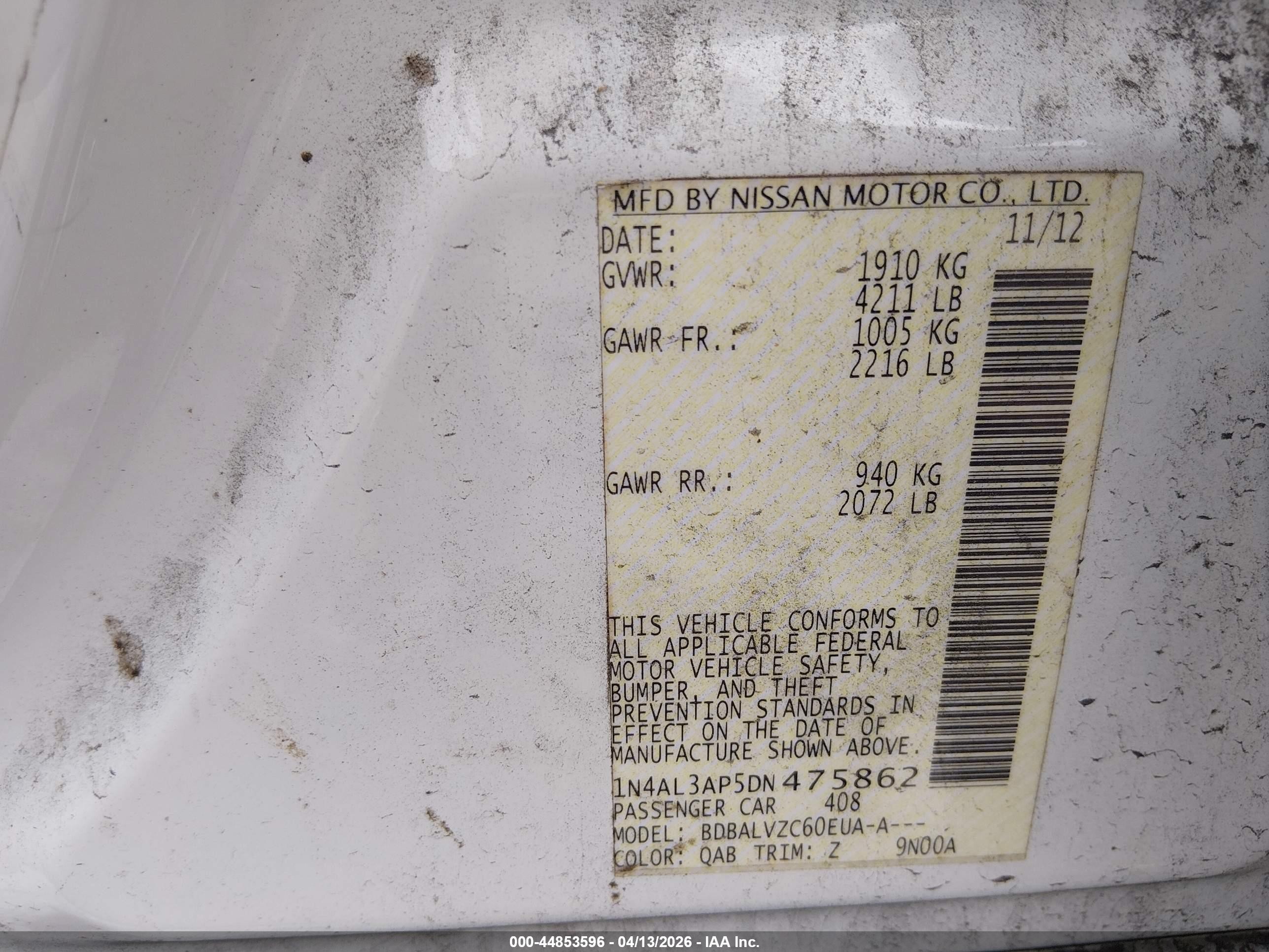 2013 Nissan Altima 2.5 Sl White vin: 1N4AL3AP5DN475862