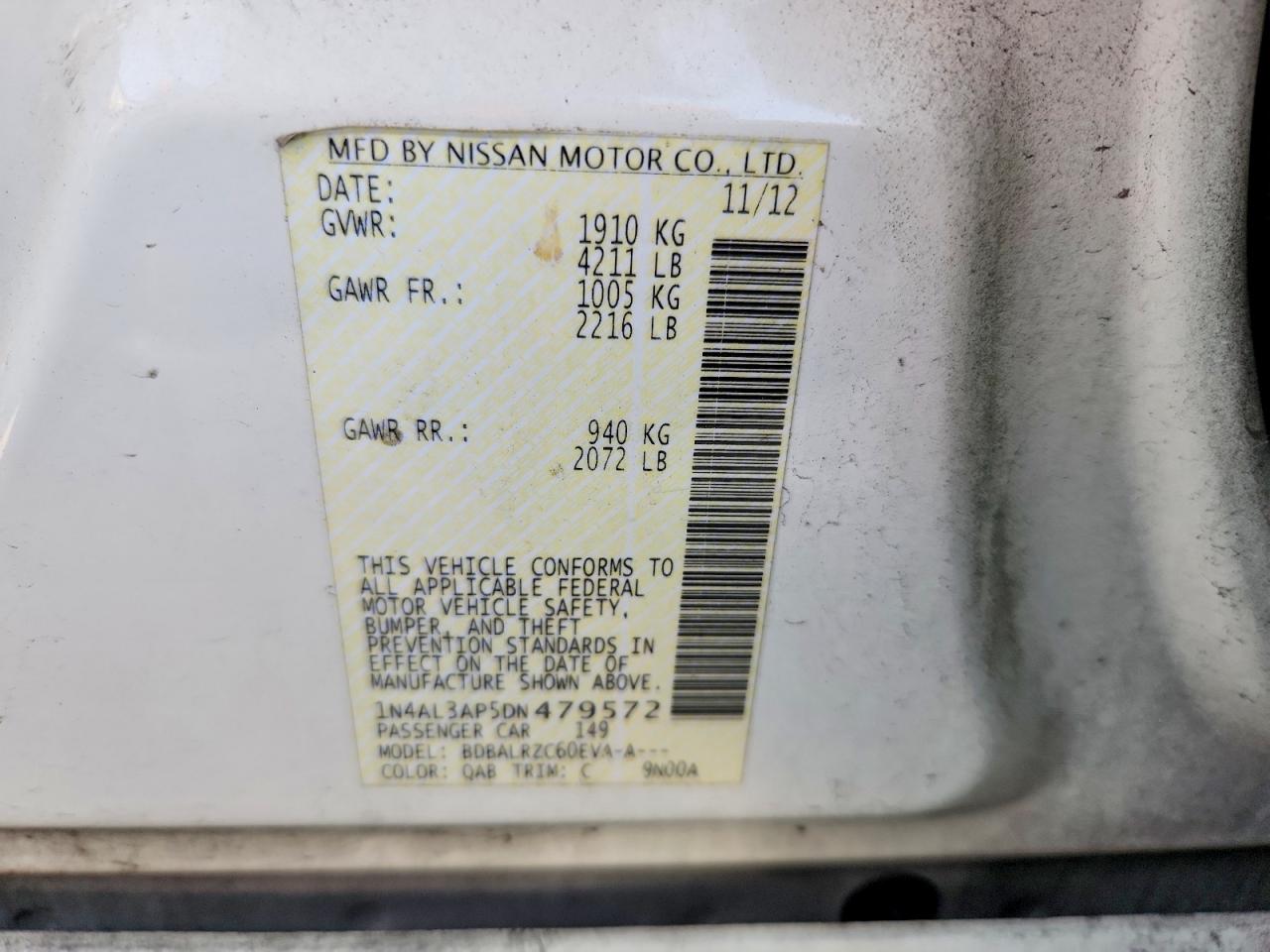 2013 Nissan Altima 2.5 White vin: 1N4AL3AP5DN479572